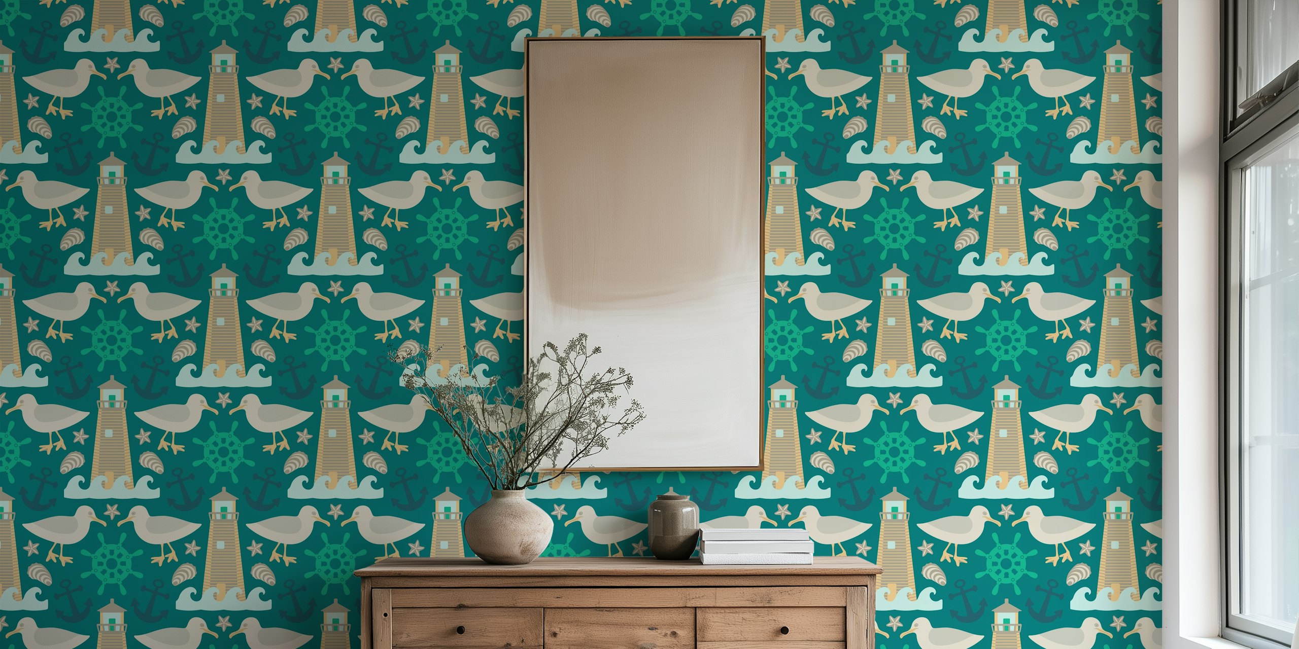 Nautical-themed tapet med fyrar och sjöfåglar