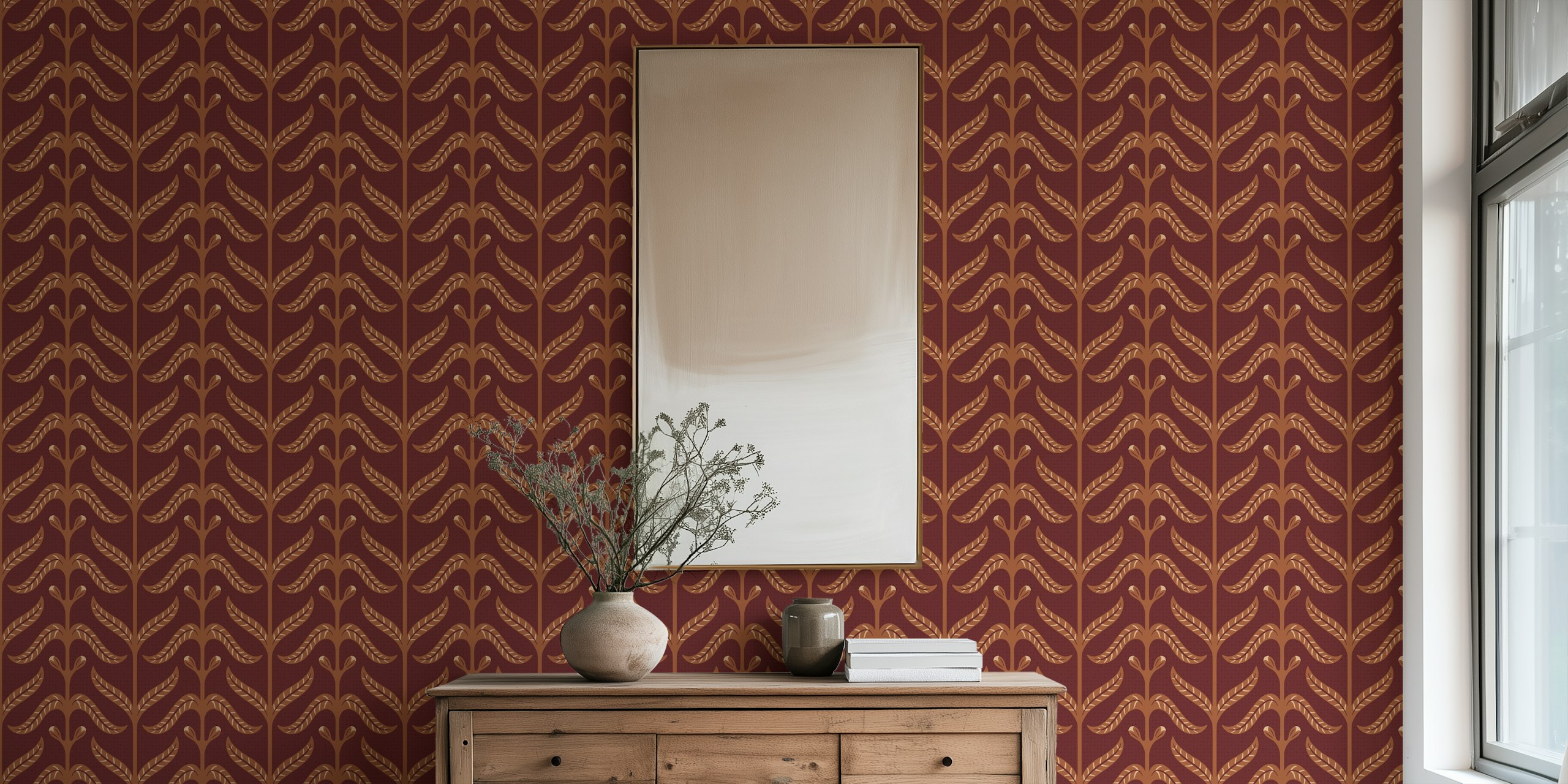 Red wallpaper with floral leaf pattern in shades of brown and beige