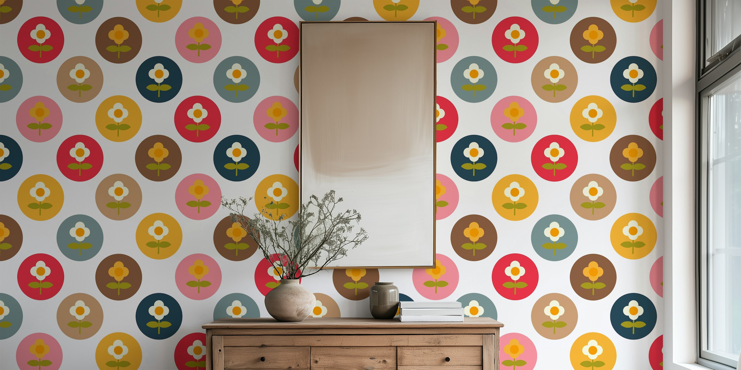 Colorful circles with white flowers on a white background wallpaper