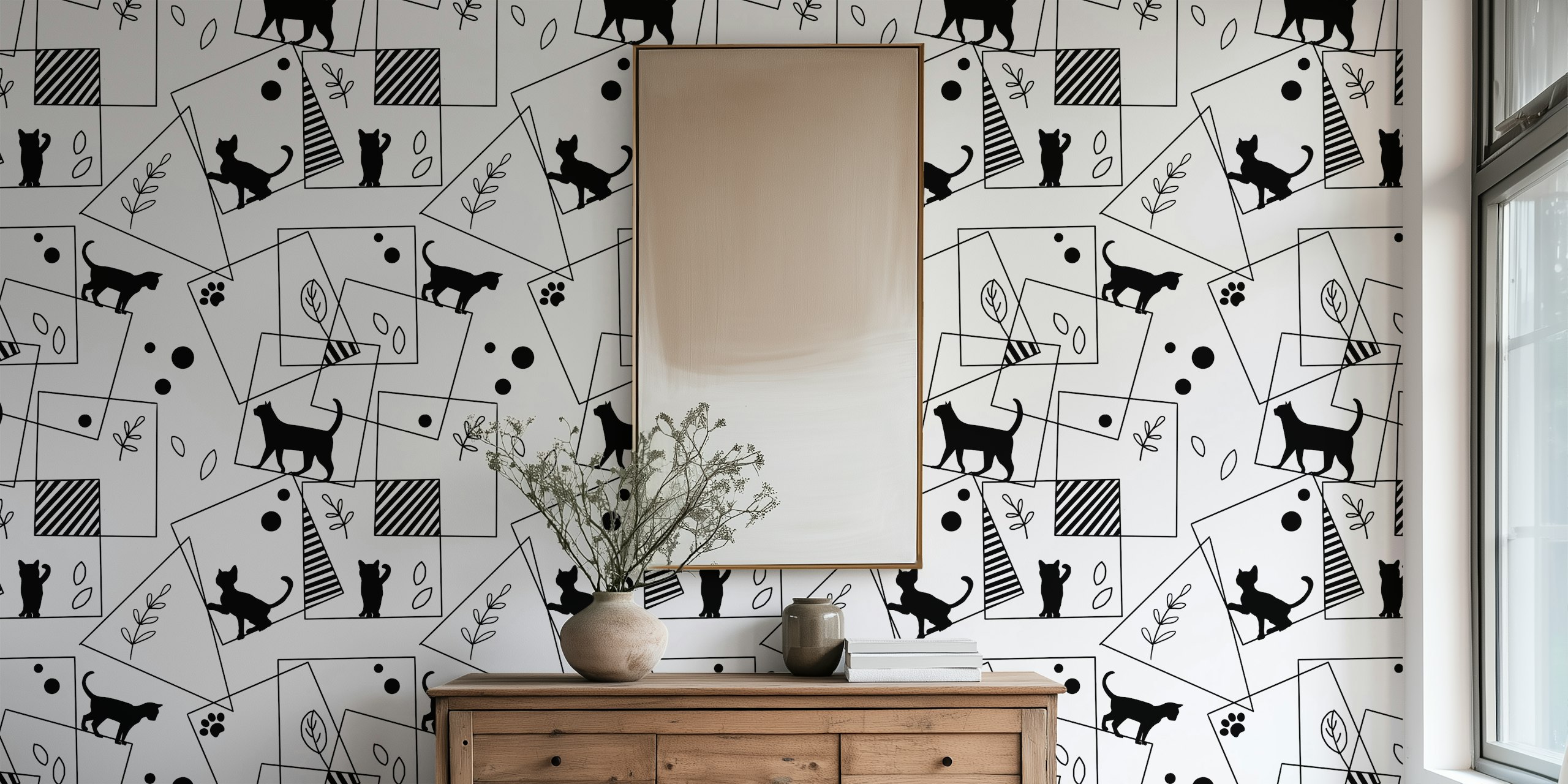 Black silhouette cats on white background with abstract shapes wallpaper