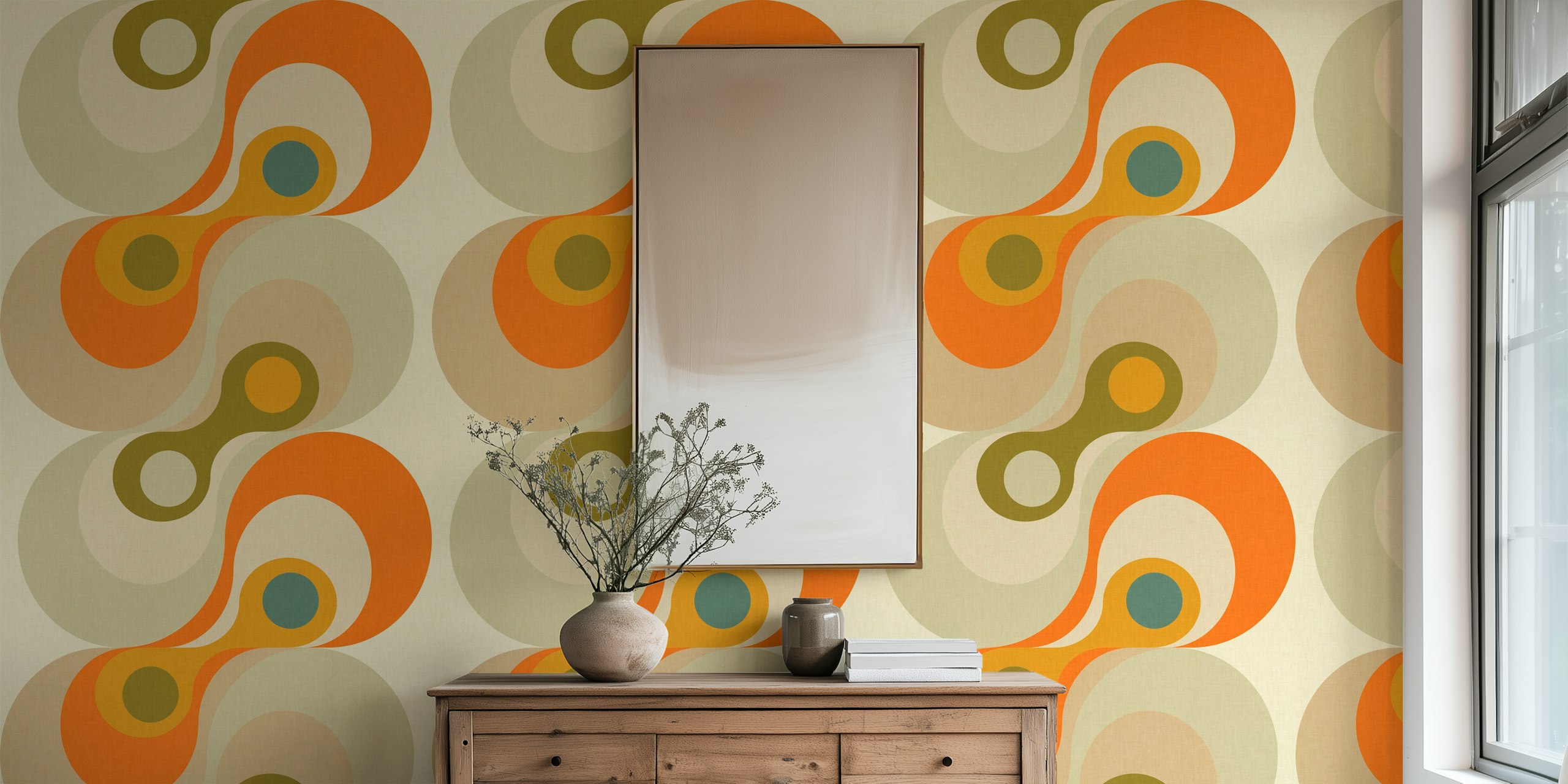 Abstract curvy geo swirls wall mural in orange, beige, and blue hues
