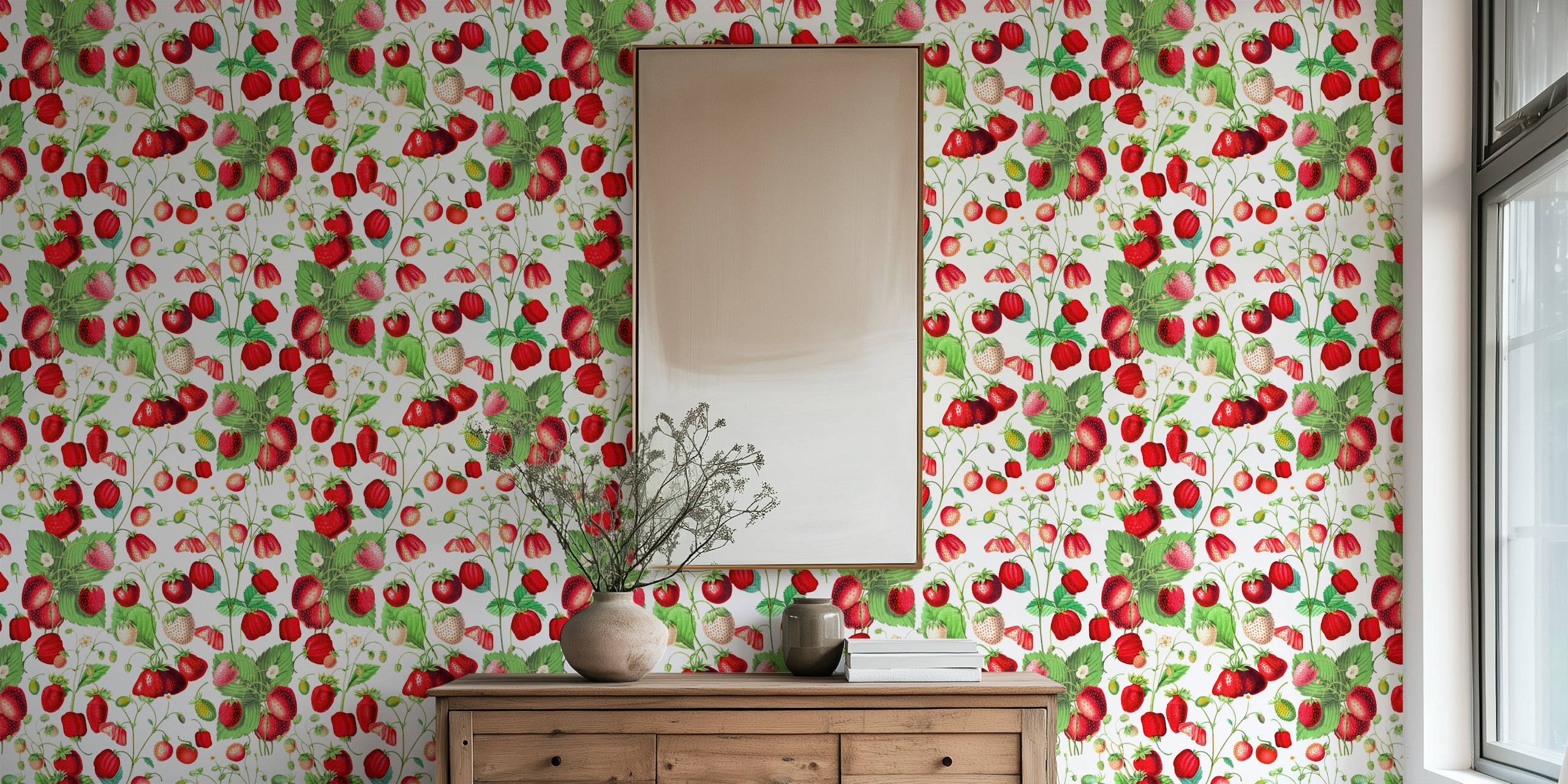 Mansikkakuvioinen seinämaalaus vehreillä lehdillä