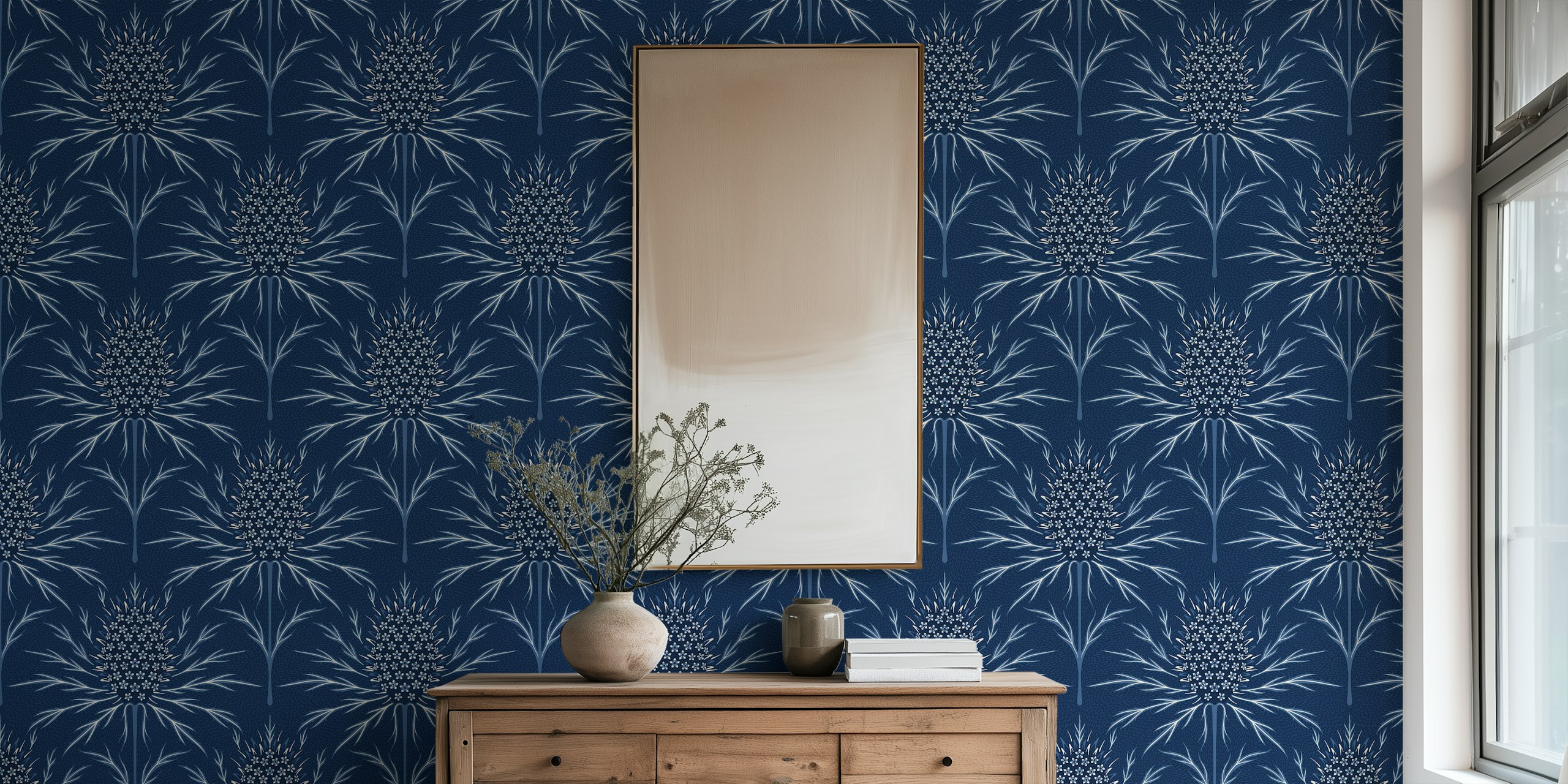 Thistle floral design in white and blue wallpaper