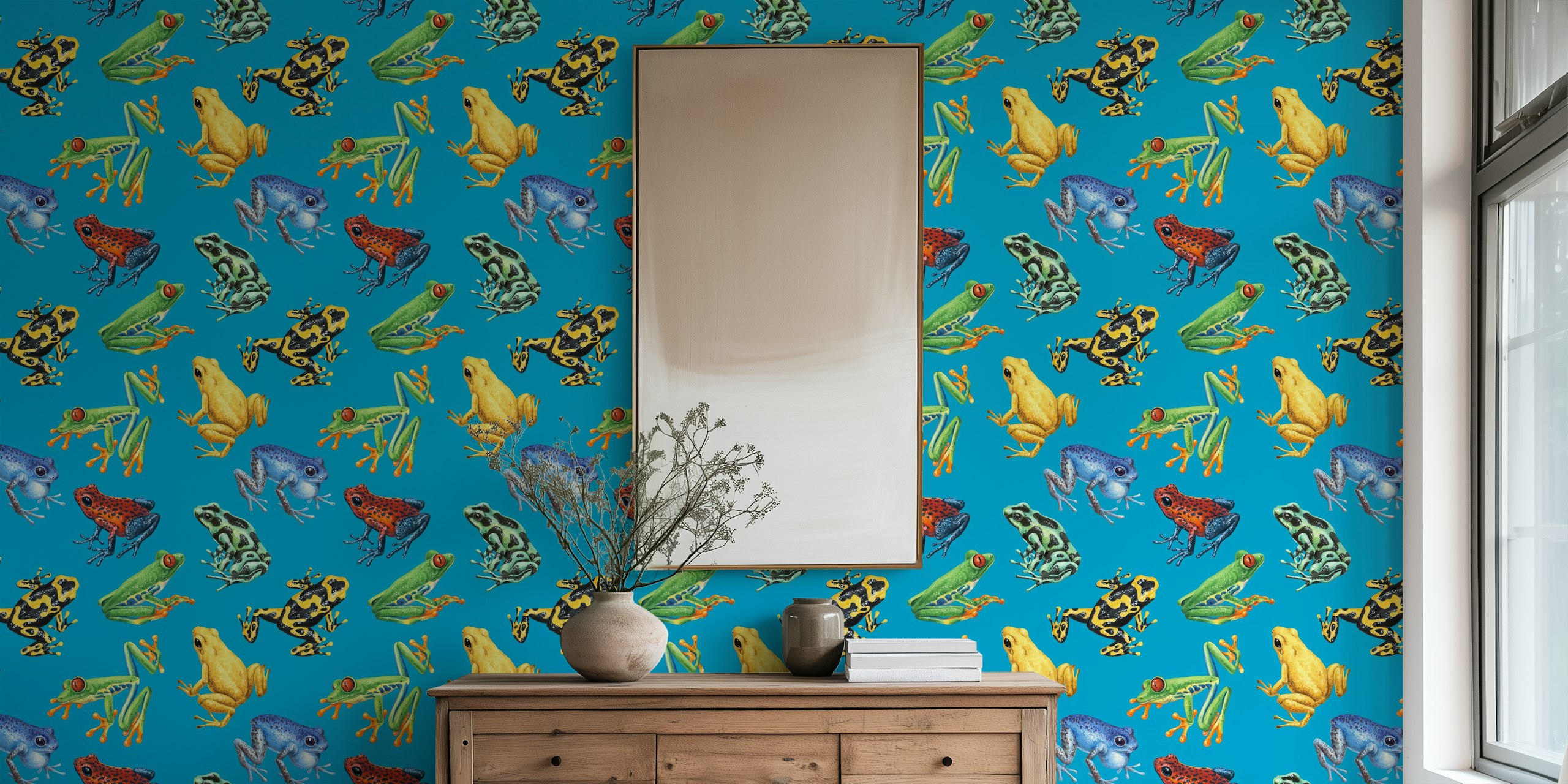Frogs on blue wallpaper in a room