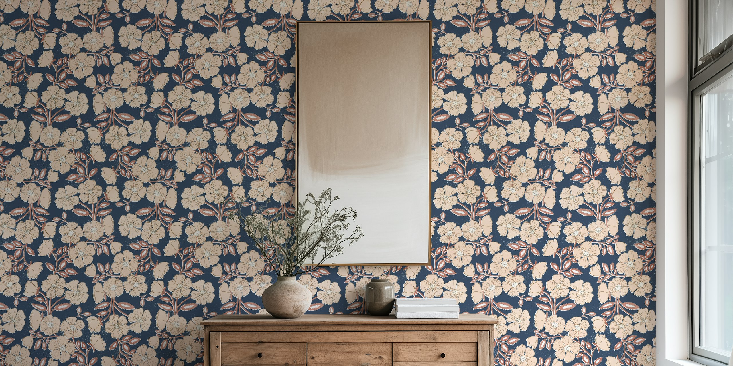Wild Rose Block Print Floral tapetdesign i rommet