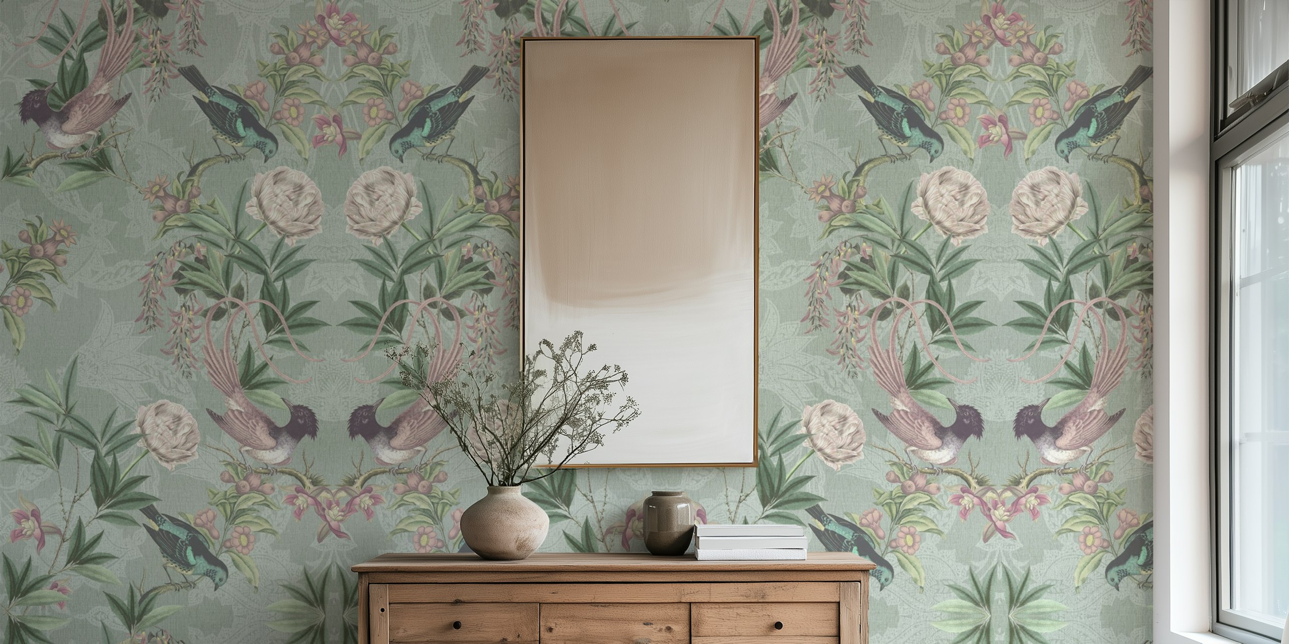 Heritage birds and floral damask tapet i et rom