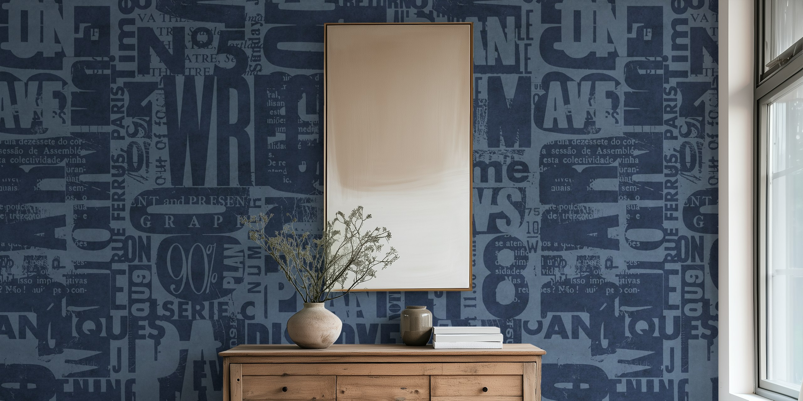 Urban style blue wall mural with grunge typography and numbers