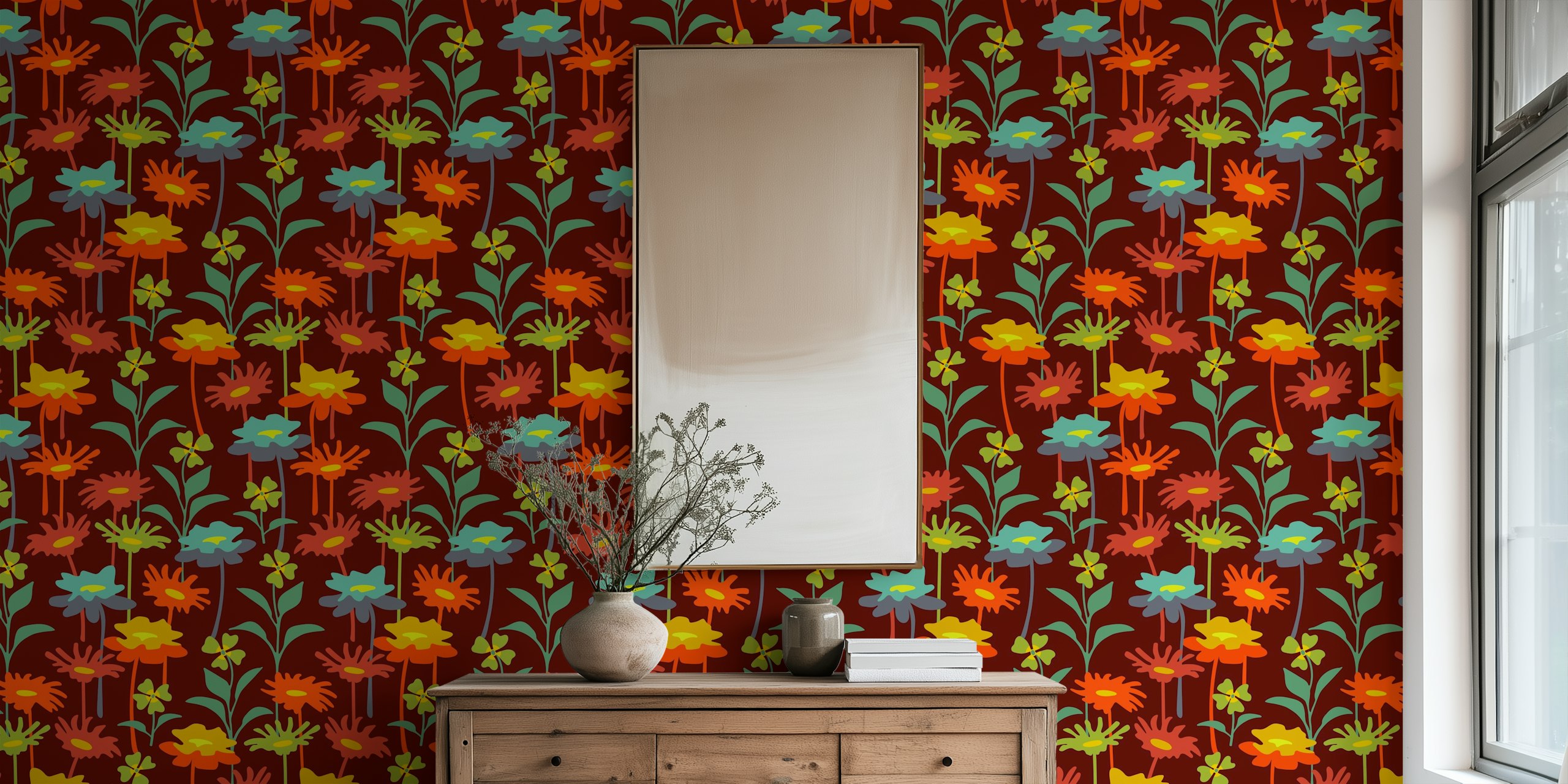 Colorful retro floral pattern in warm sunset colors wallpaper