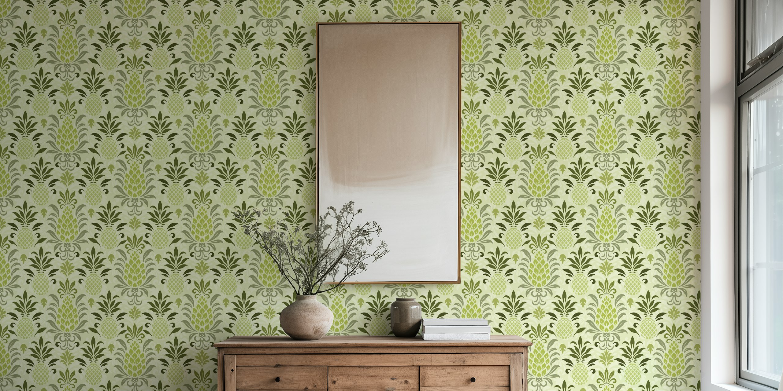 Pineapple damask pattern in shades of green wallpaper