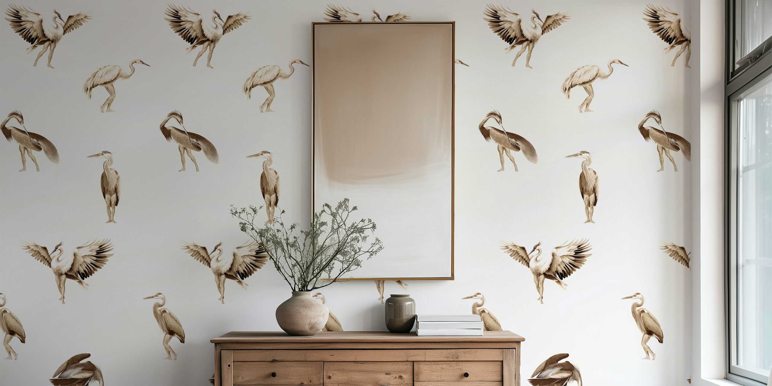Sepia toned crane birds in graceful poses wallpaper