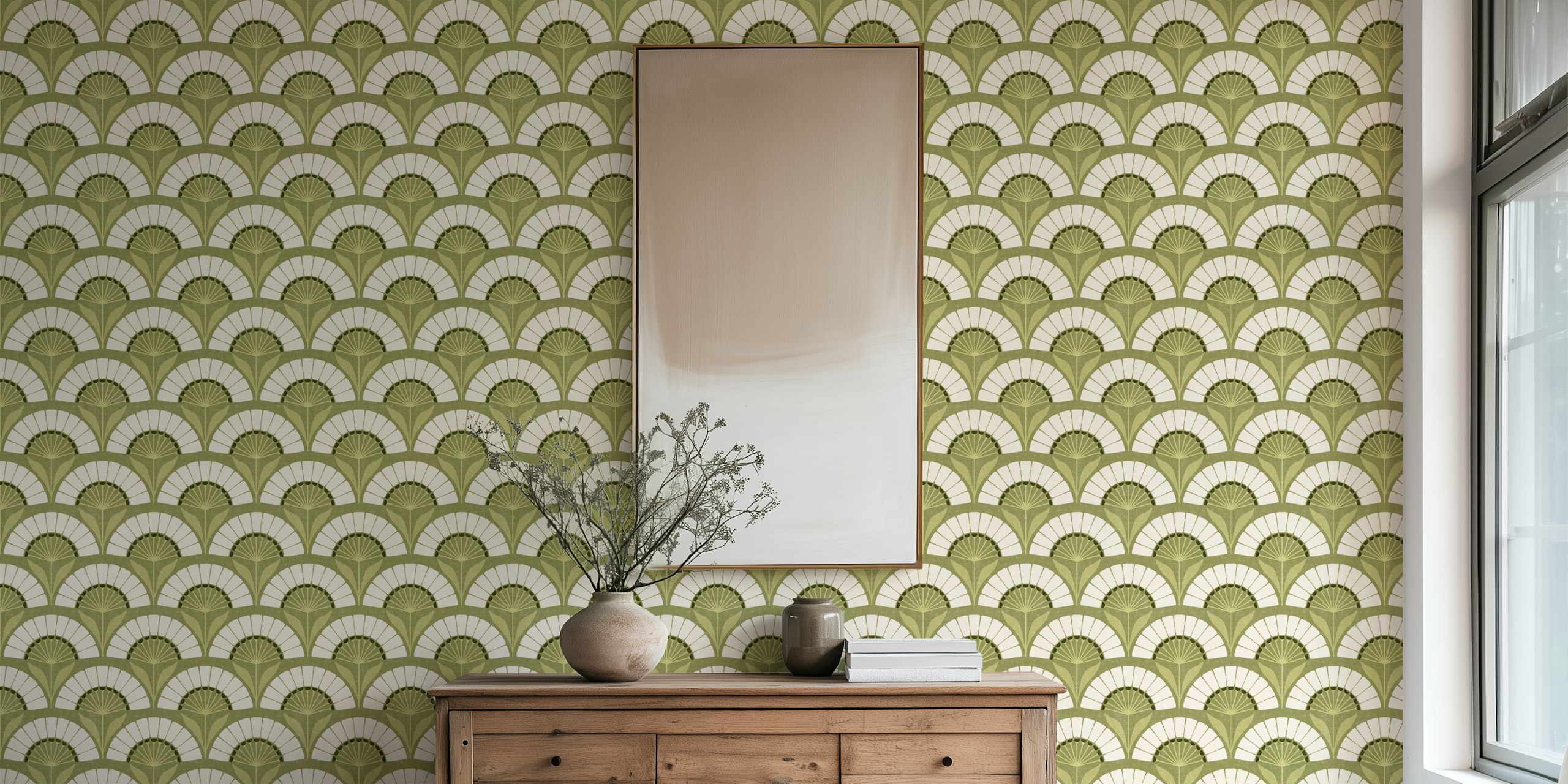 Green and white floral retro wallpaper design with fan shapes