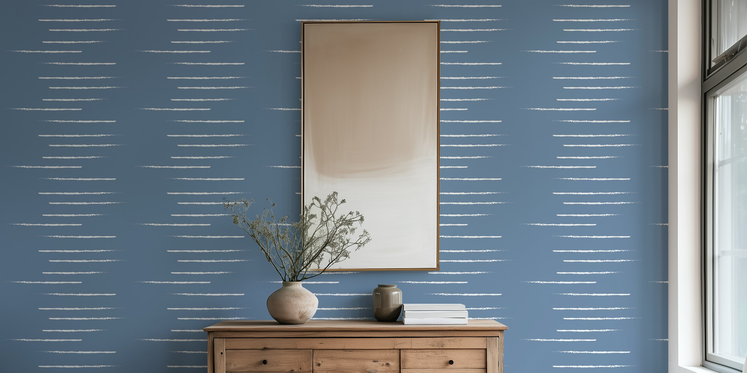 Minimalist blue striped wallpaper with white lines
