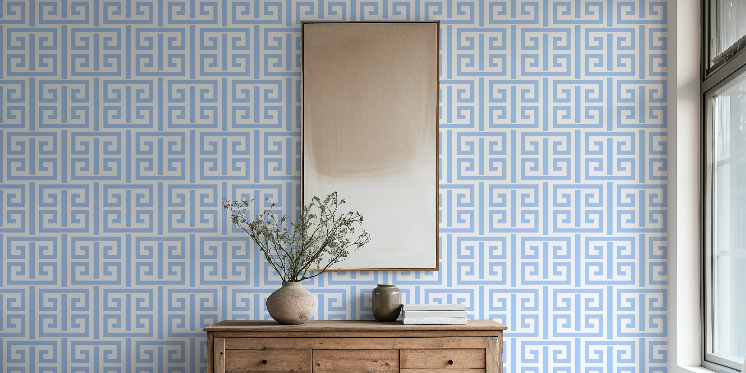 Geometric Greek key pattern in blue and white wallpaper