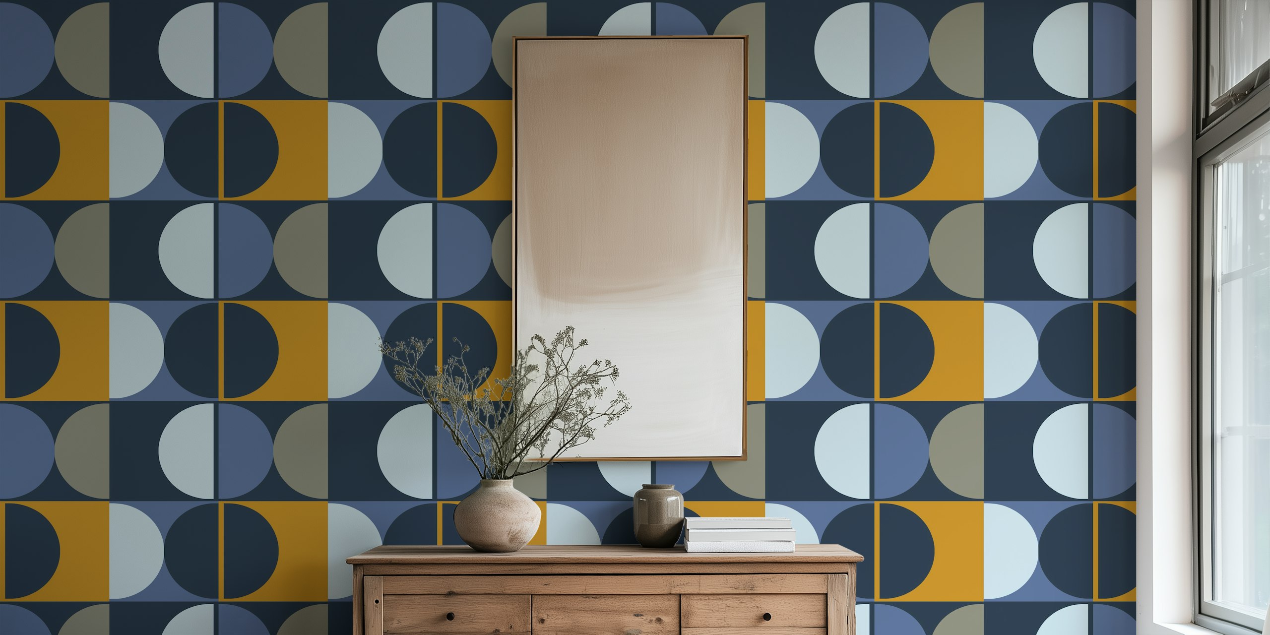 Geometric wallpaper featuring blue and gold circles in modern design