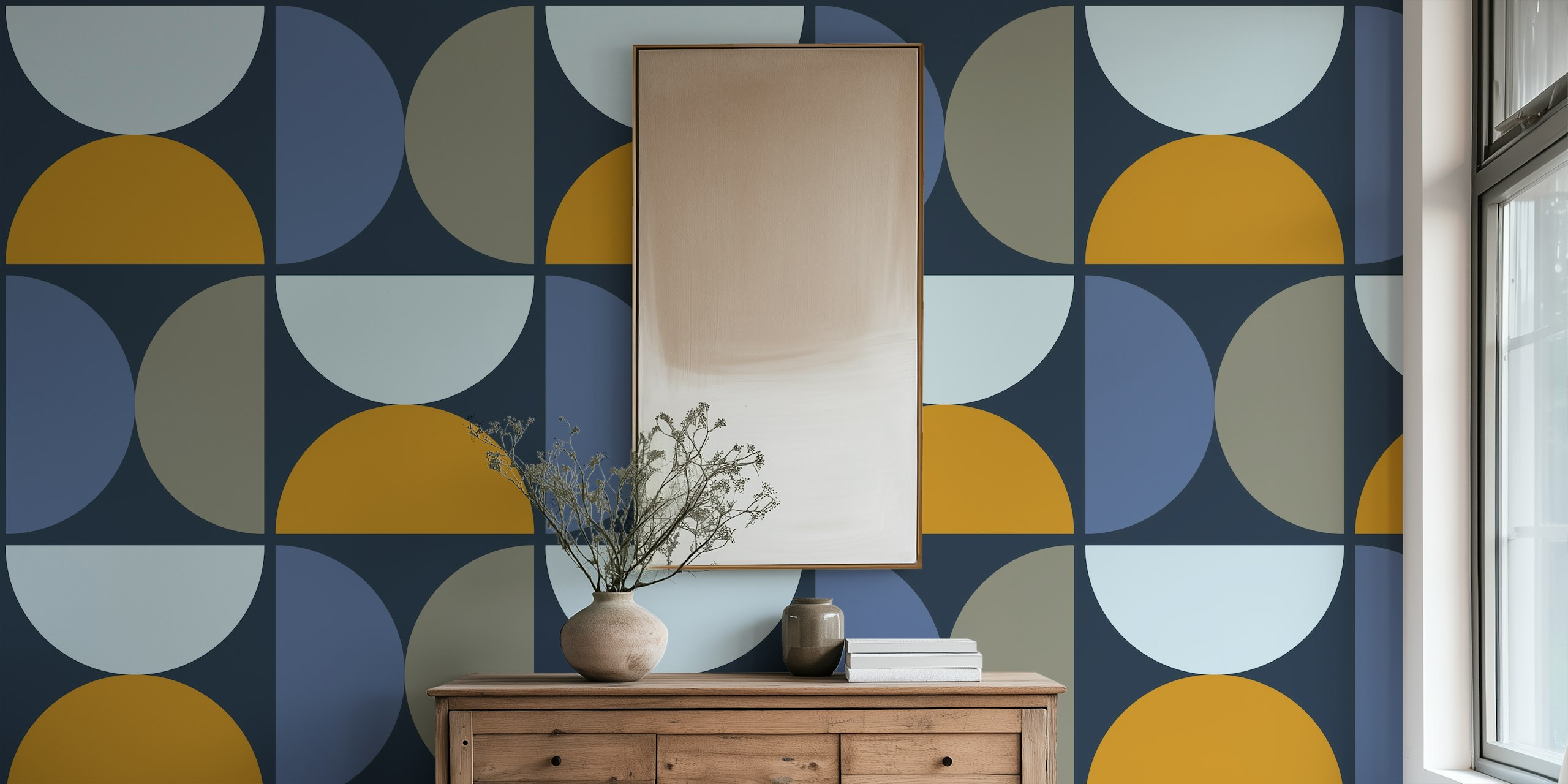 Geometric semicircles in blue, gold, and gray wallpaper