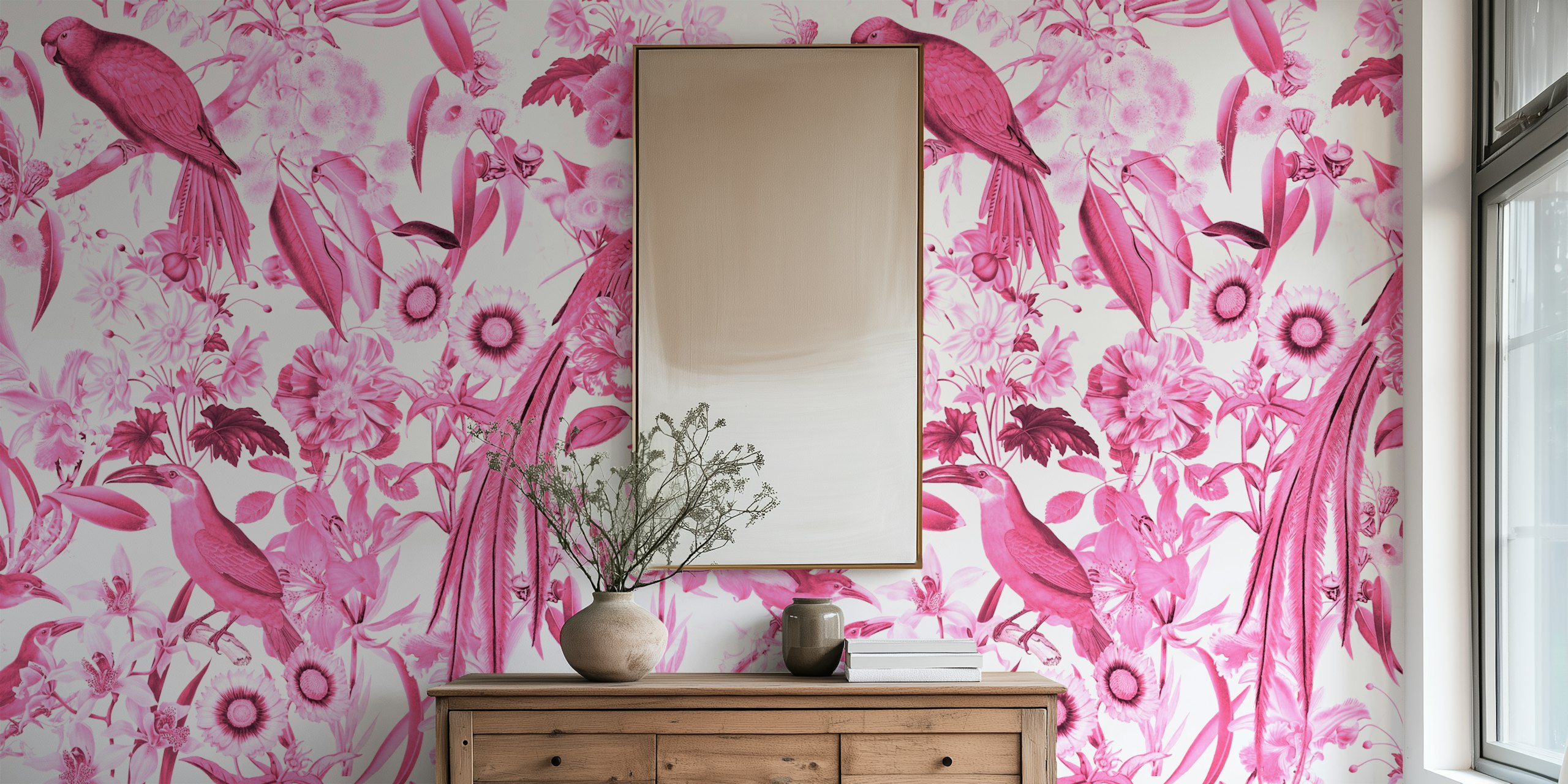 Delia Silvae wall mural with pink tropical birds and flora