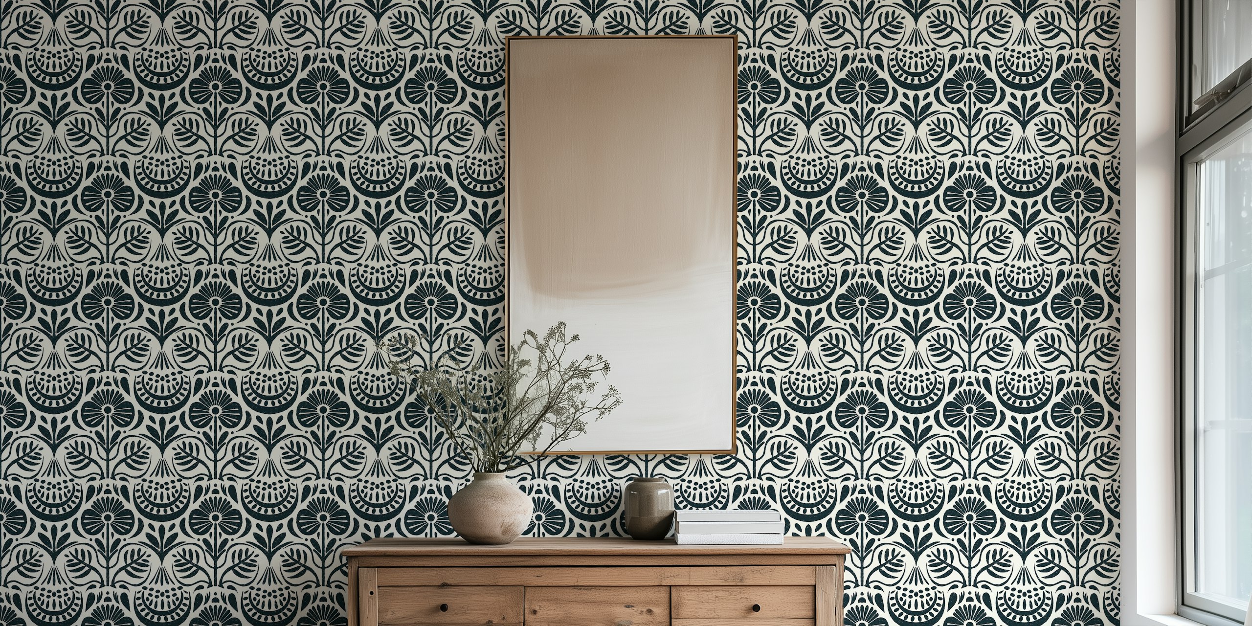 Floral tile wallpaper design in a room