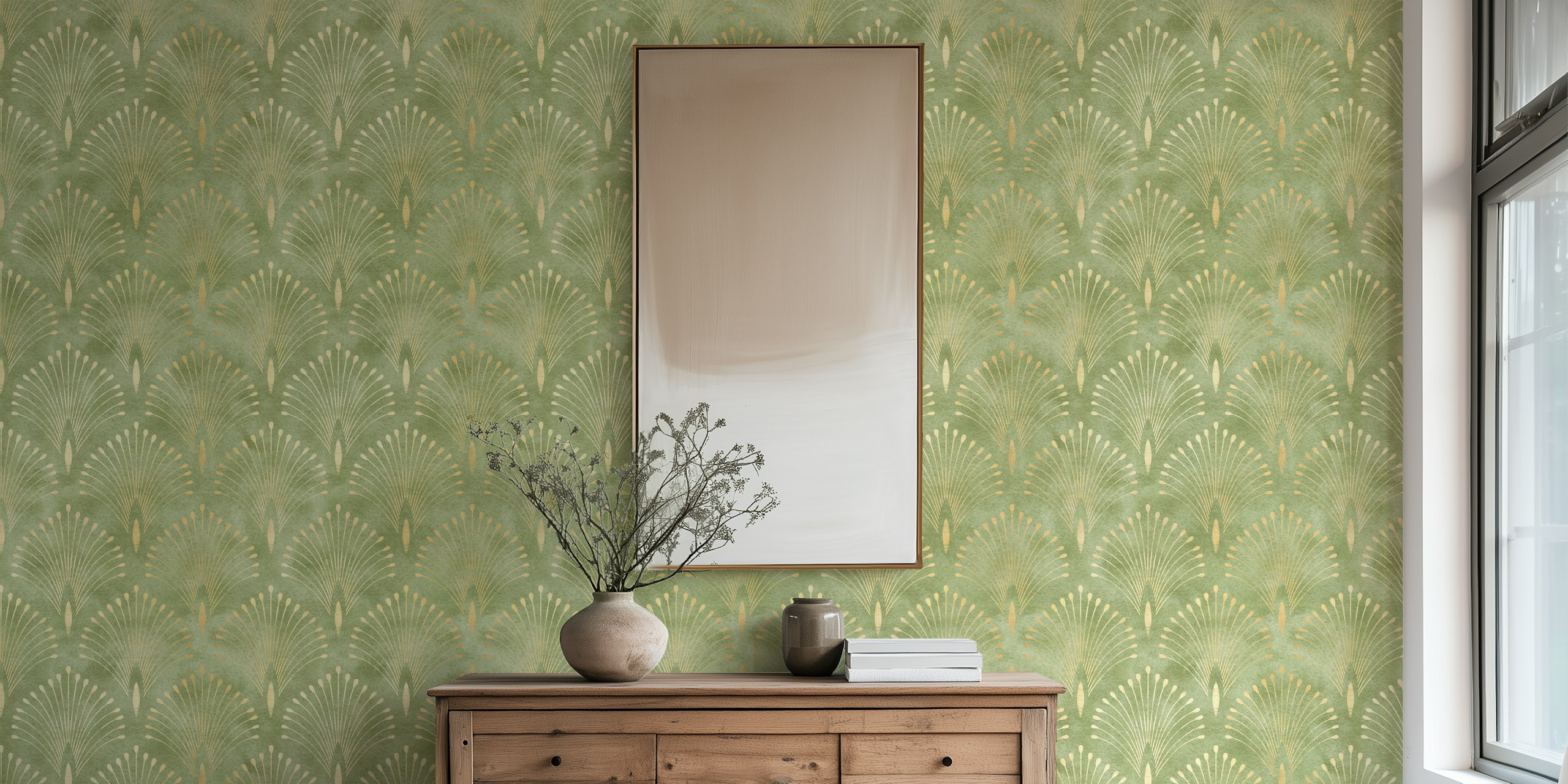 Stylized fan motif wall mural in muted tones for modern classic interior design