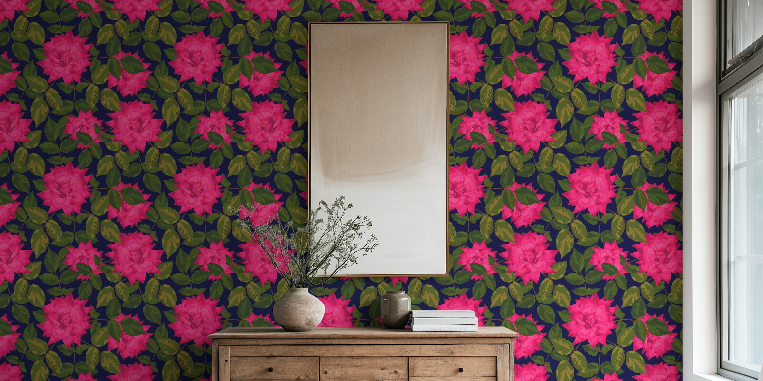 Pink rose floral pattern on navy background for wall mural