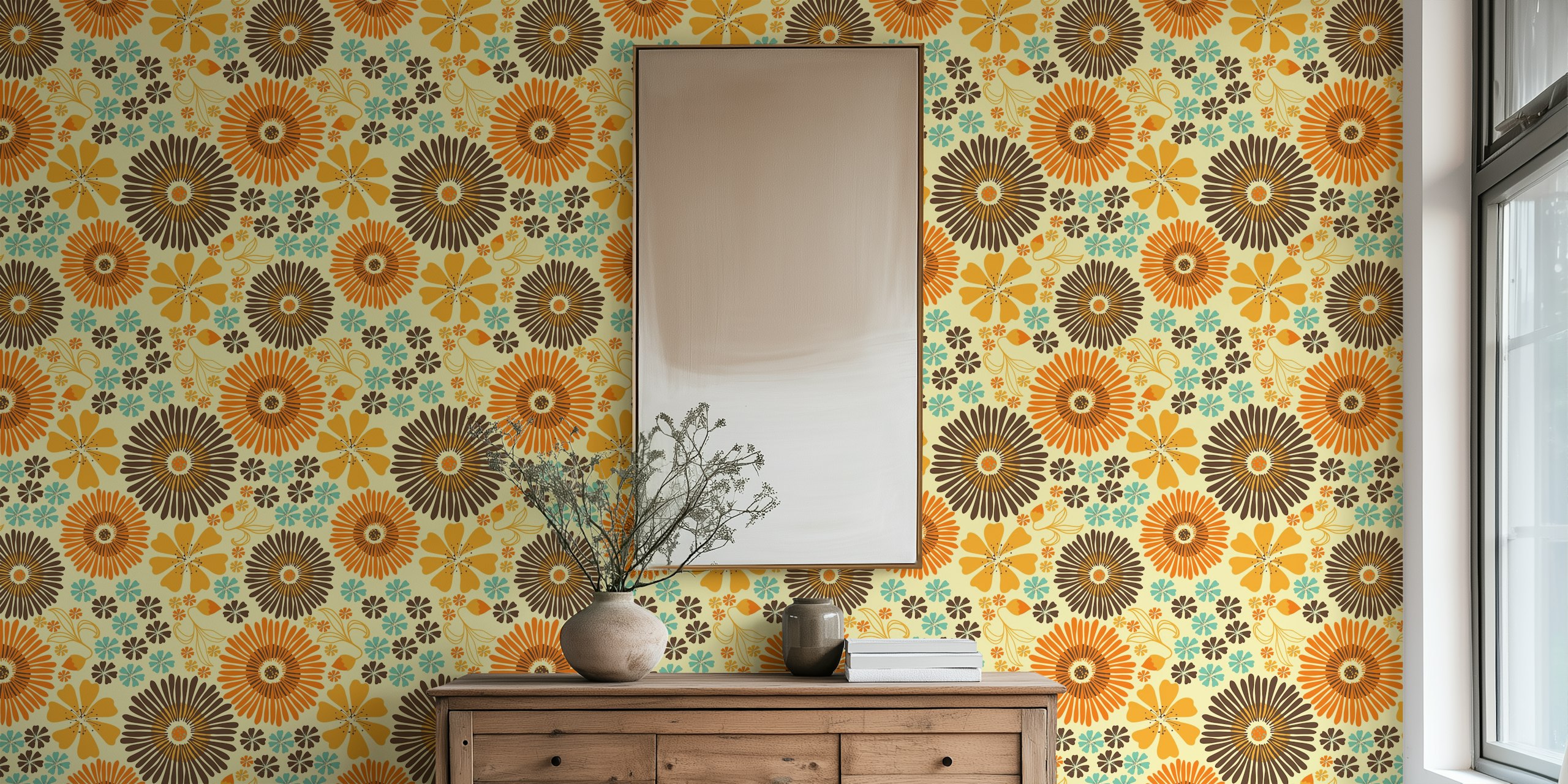 Retro floral pattern wall mural with warm yellow, orange, and brown tones