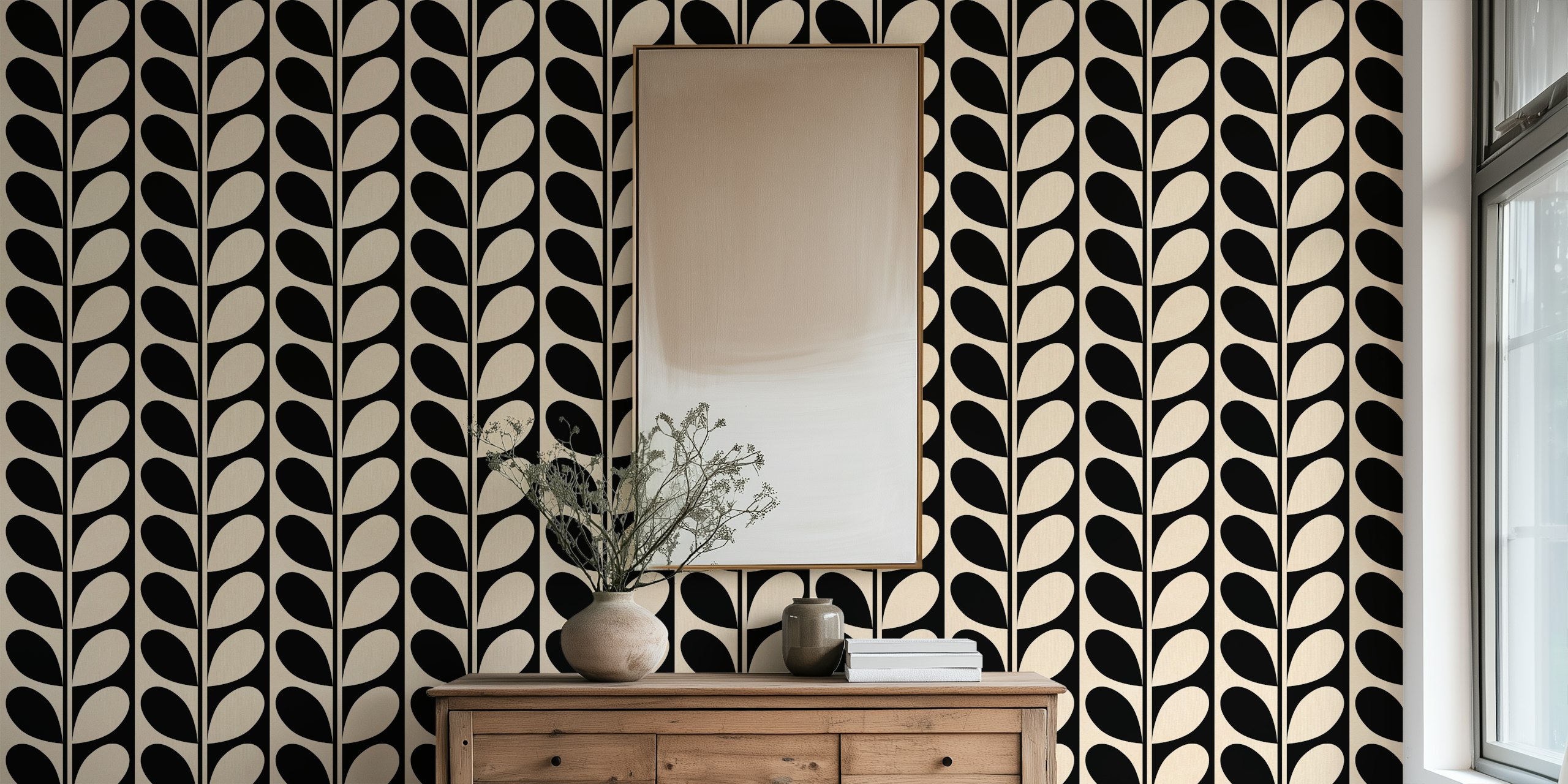 Vintage Geo Stripe Leaves behang in een kamer