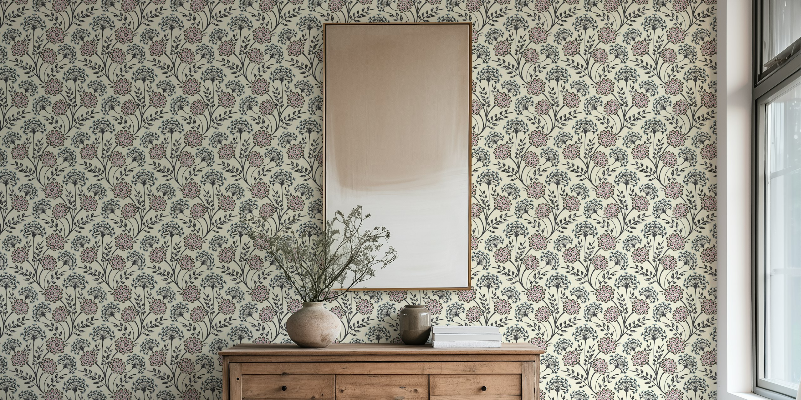 Danube Cottage Floral Ecru Cream Liten Tapet Med Rosa Och Gröna Botaniska Mönster