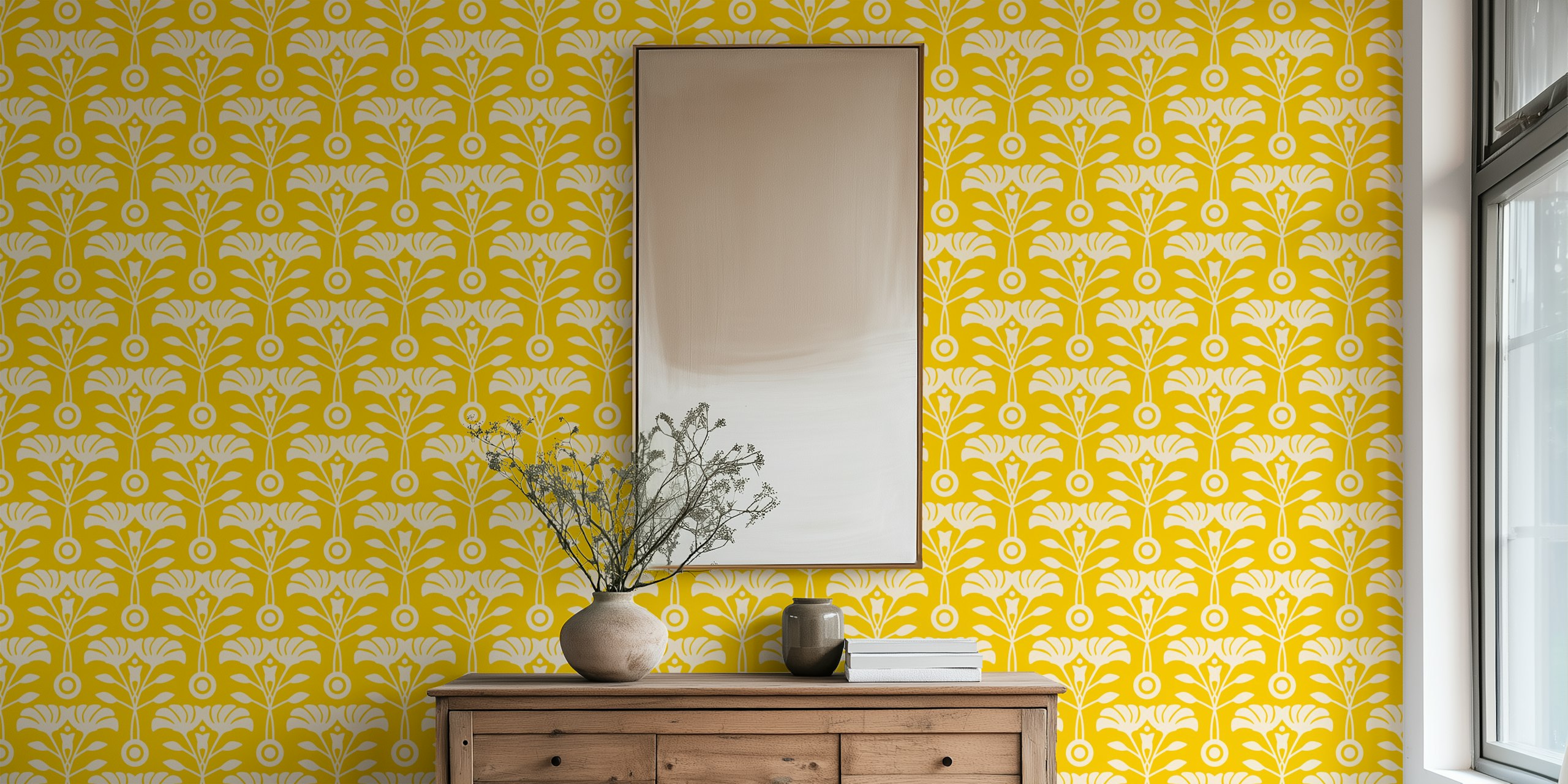 Mid-century floral wallpaper in yellow design