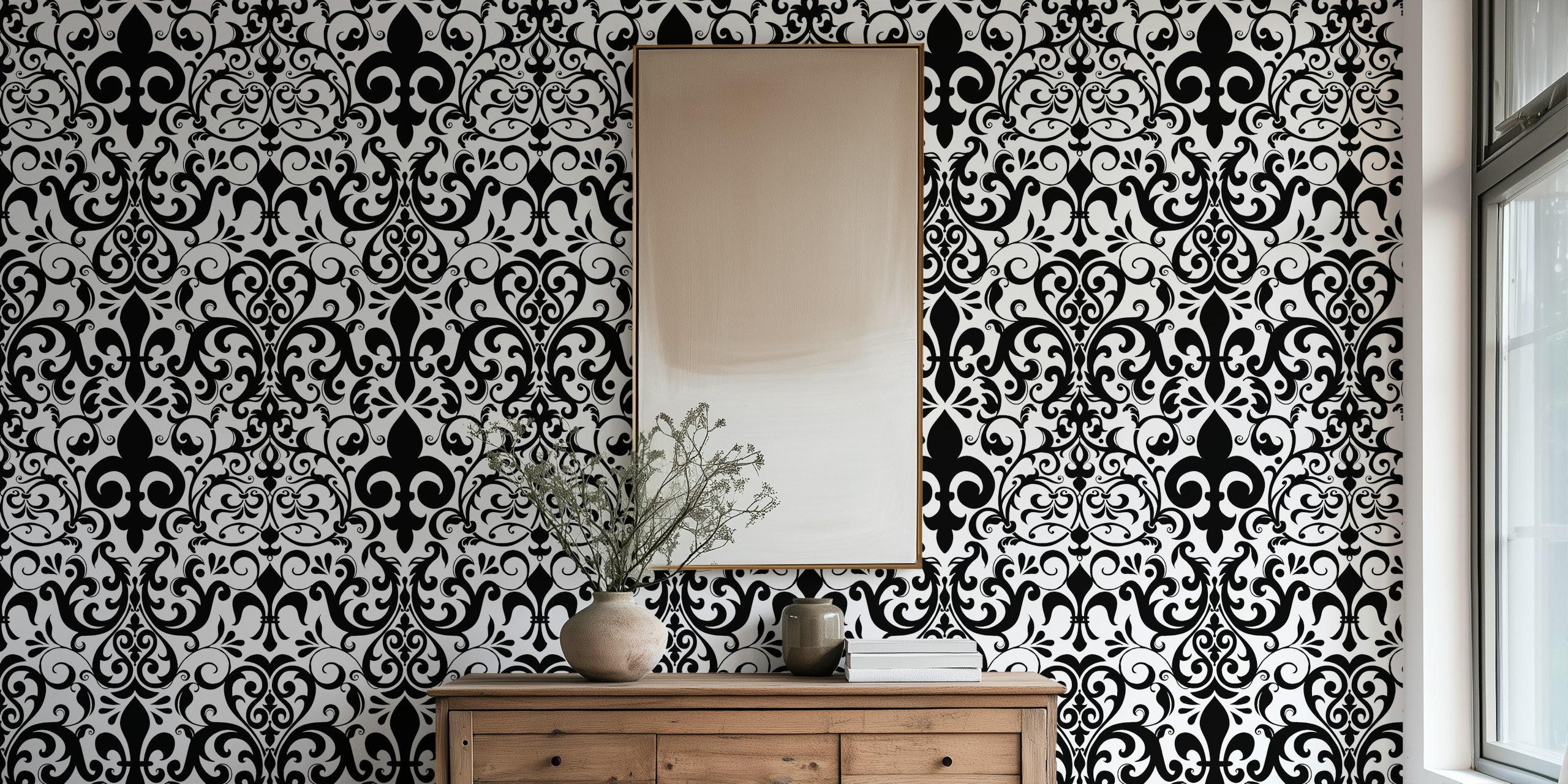 Fleur de Lis Damask papel de parede preto e branco no quarto