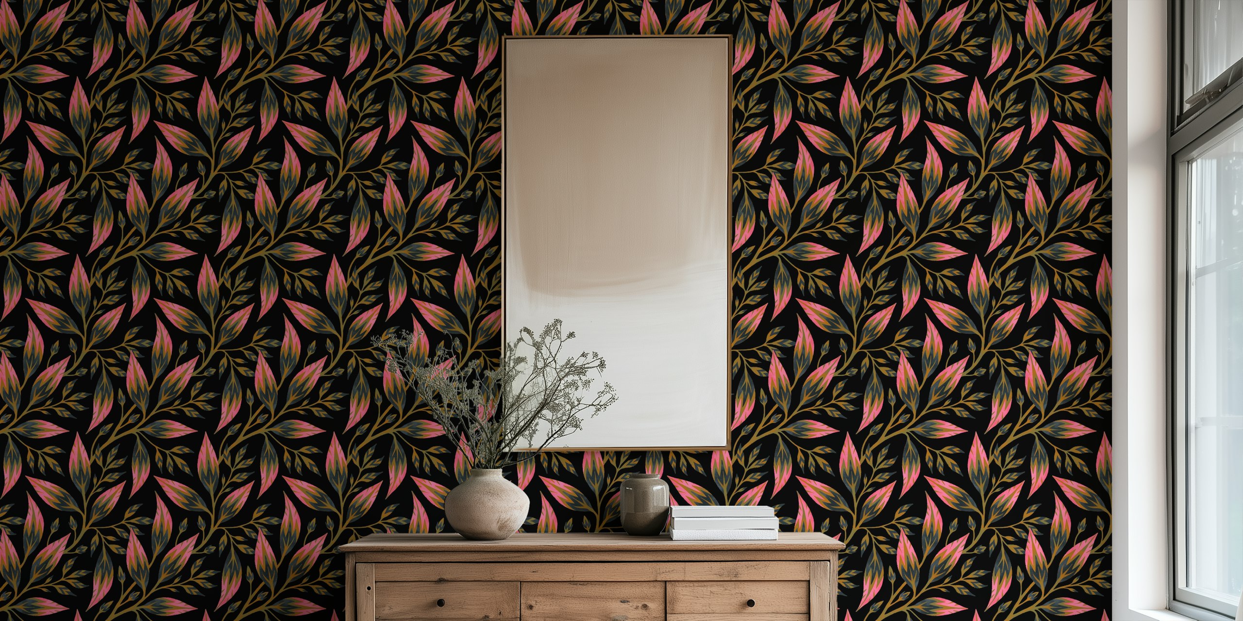 Frondescence wallpaper in olive and pink design