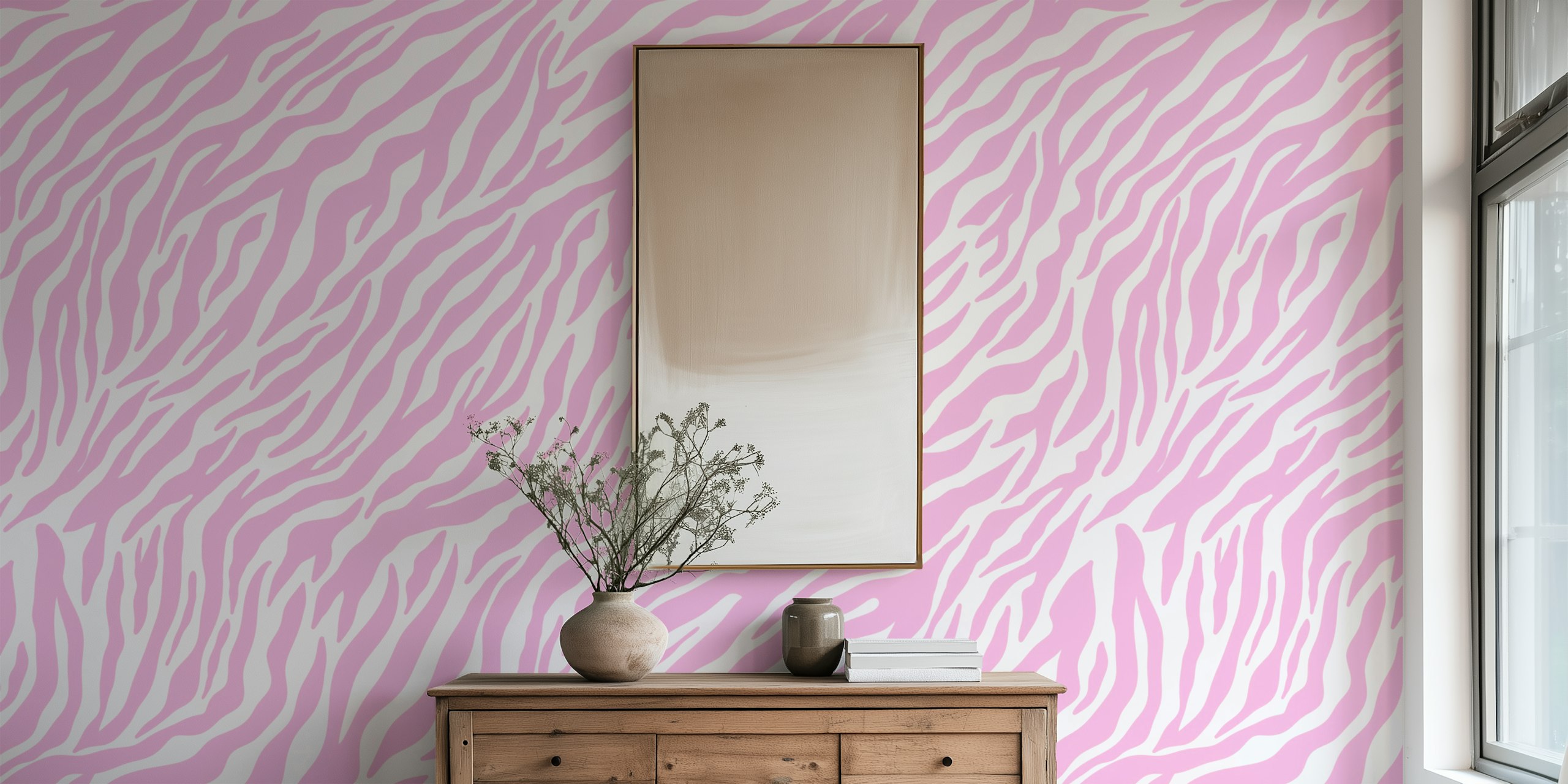 Pastel pink zebra stripes wallpaper in pink and white colors.