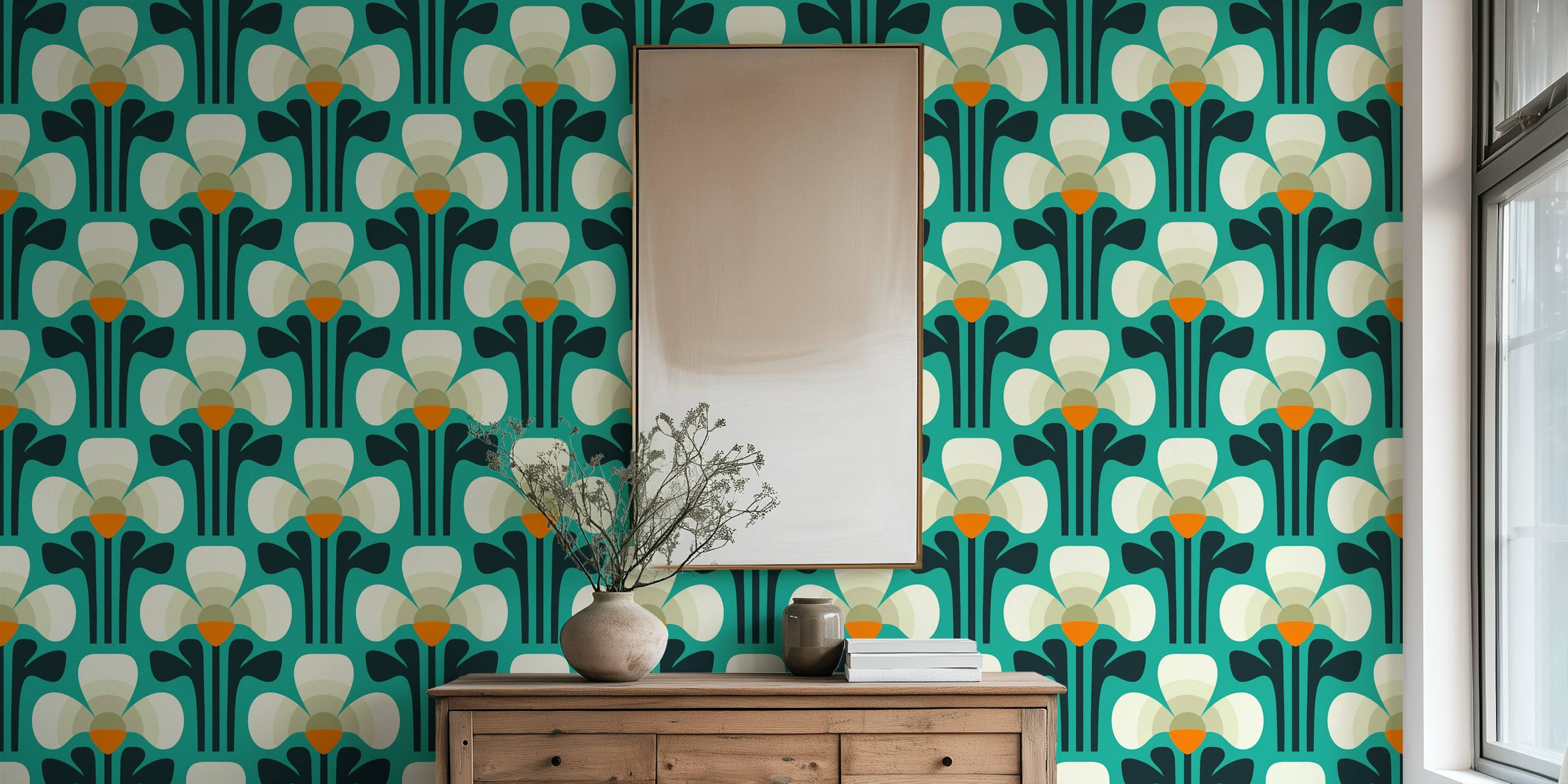 Teal Retro clovers wallpaper design in a room