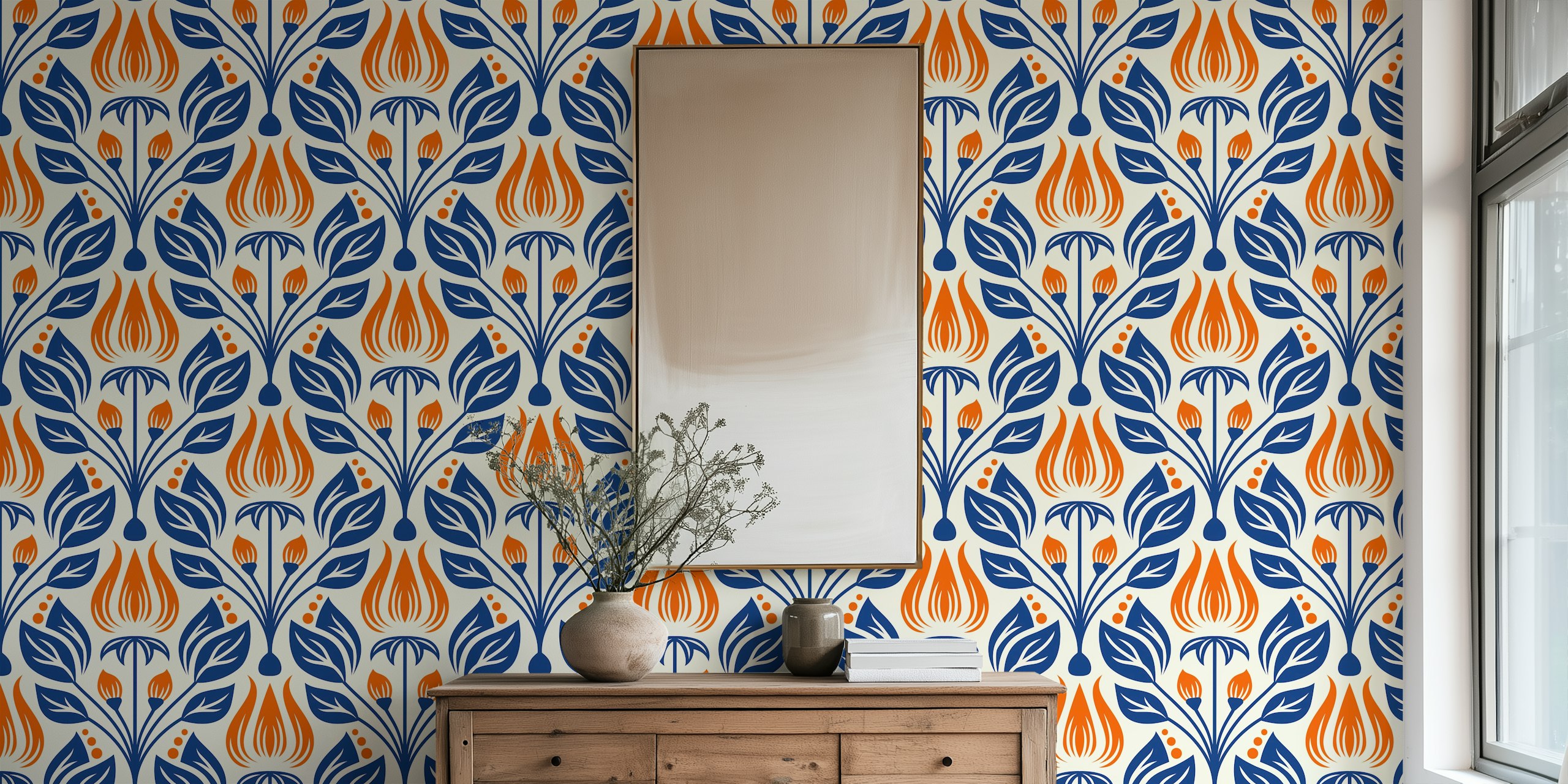 Vintage orange and blue flowers pattern wallpaper