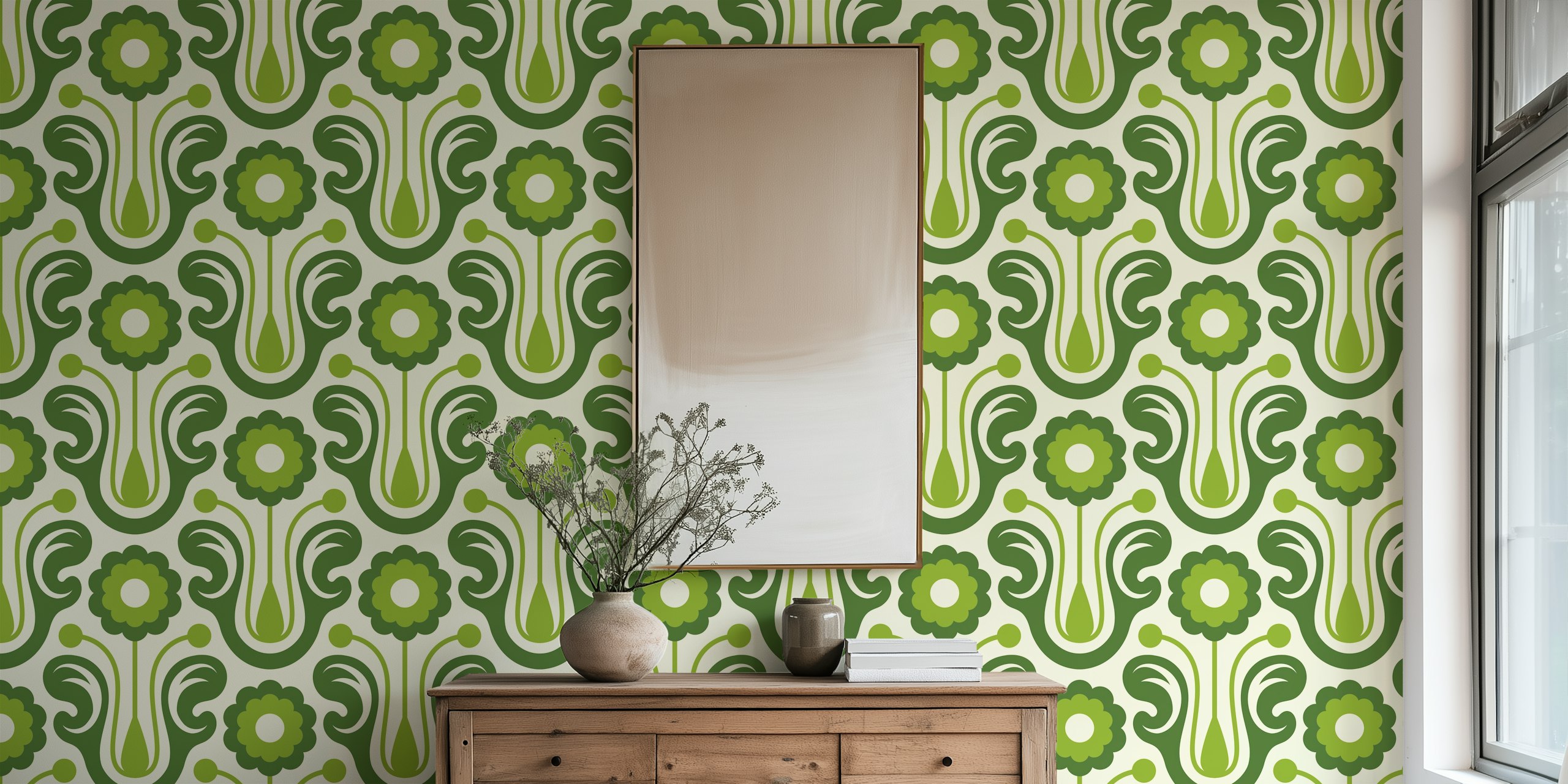 Vintage daisies monochrome green wallpaper in a room