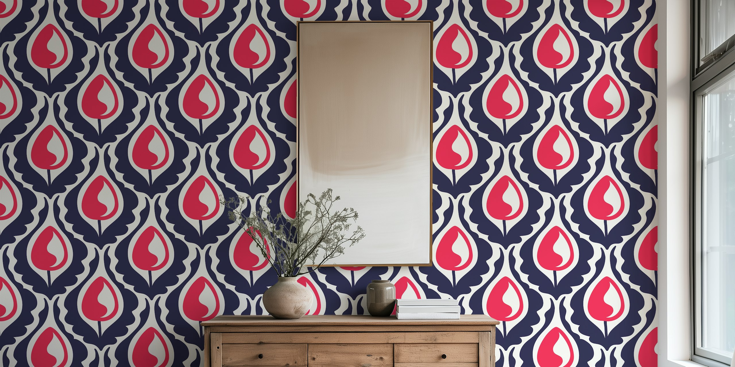 Vintage tulips wallpaper in navy red