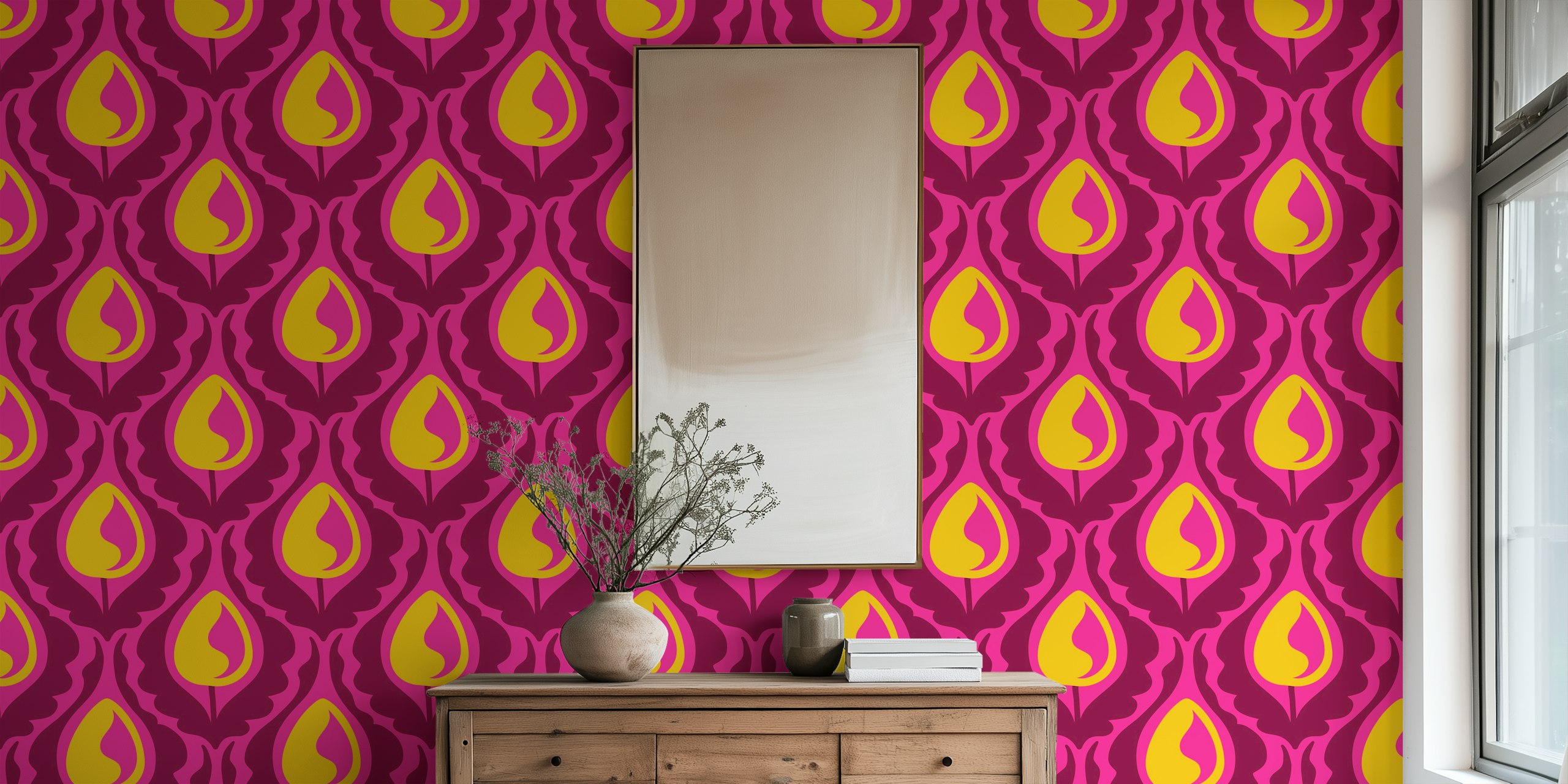 Vintage tulip wallpaper in a vibrant pink room