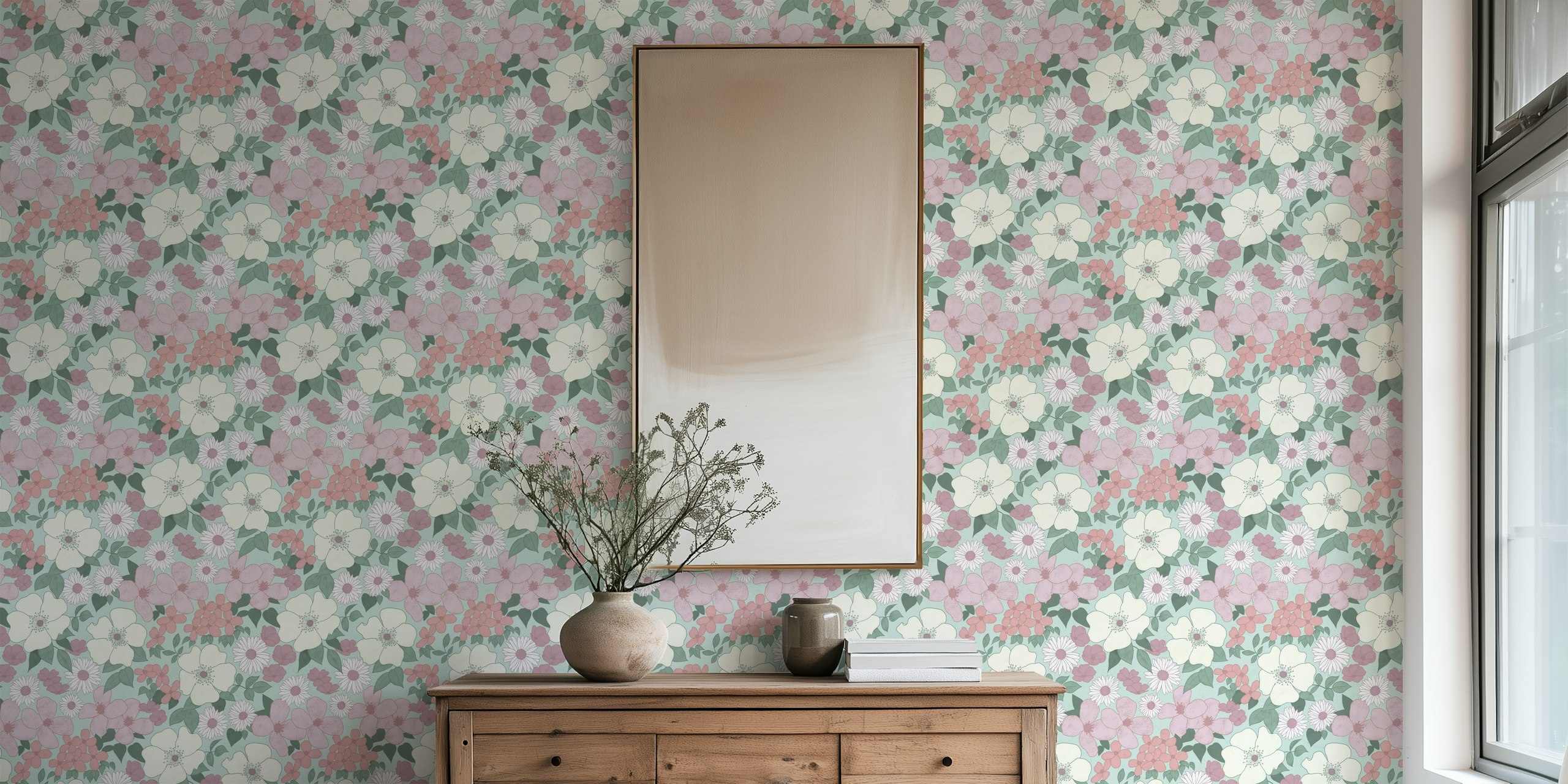 Retro floral wallpaper in dusty rose, green, and white tones