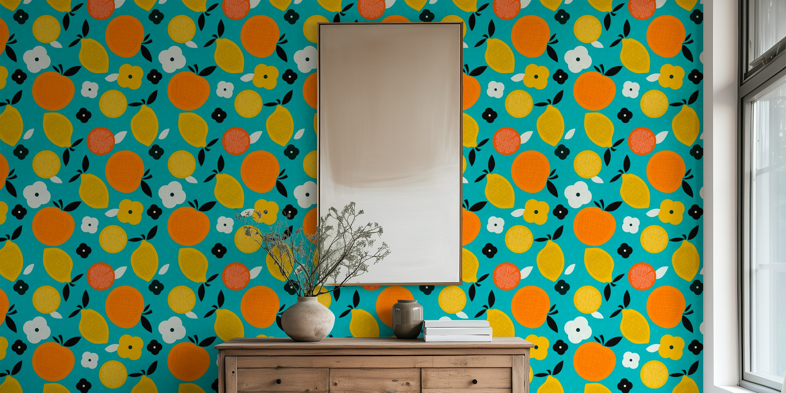 Colorful fruit wallpaper in a room