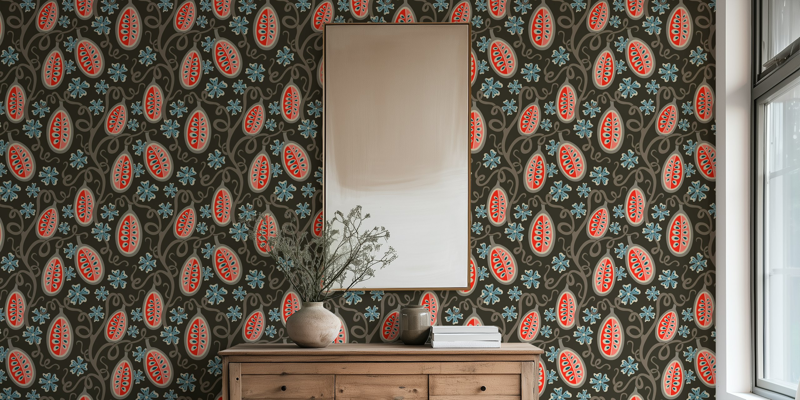 Ambrosia Fantasy Mod Floral Fruit Fototapete Mit Korallenroten, Braunen Und Blauen Akzenten Auf Dunklem Hintergrund