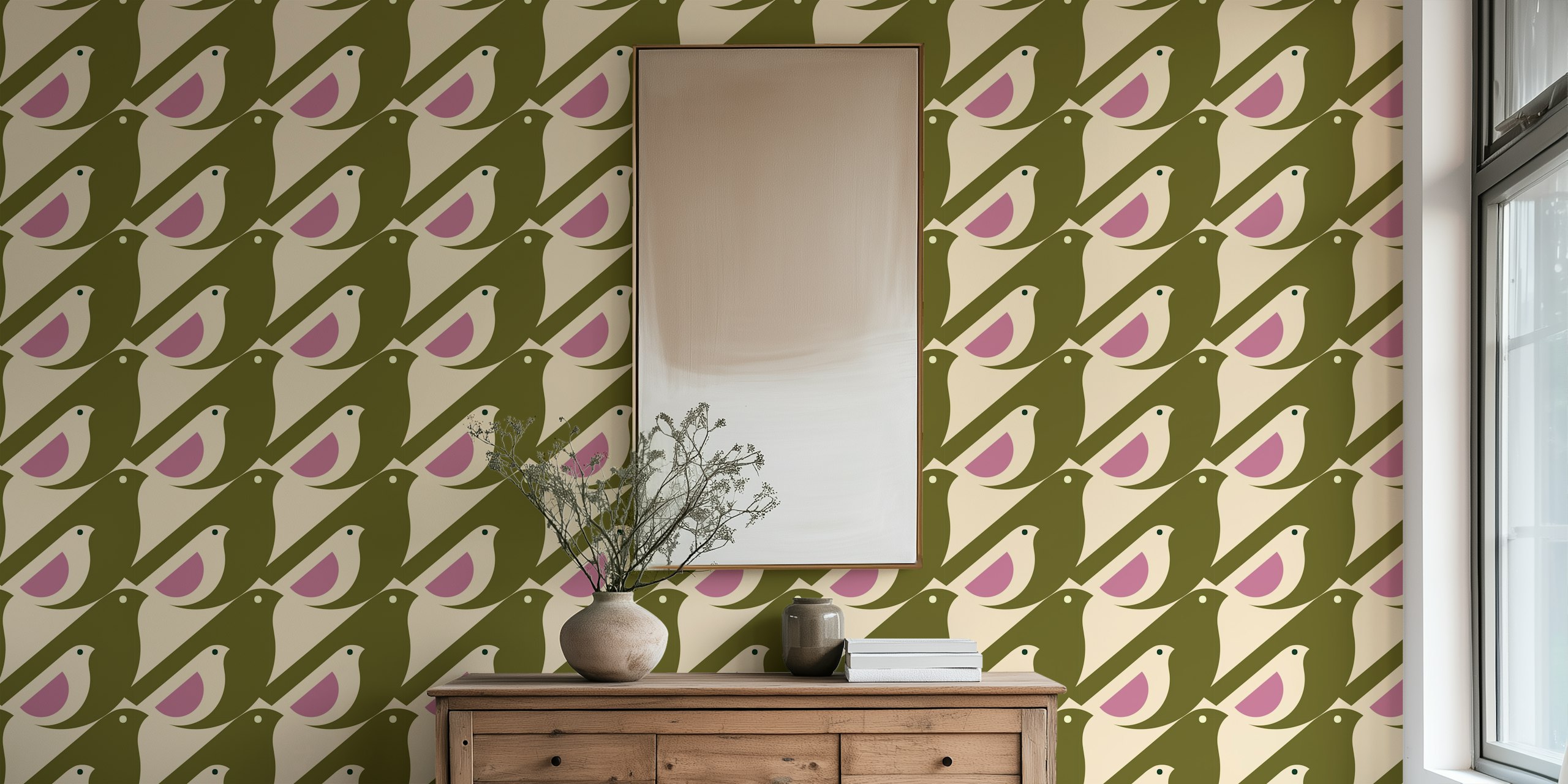 Stylized birds with pink and olive accents wallpaper