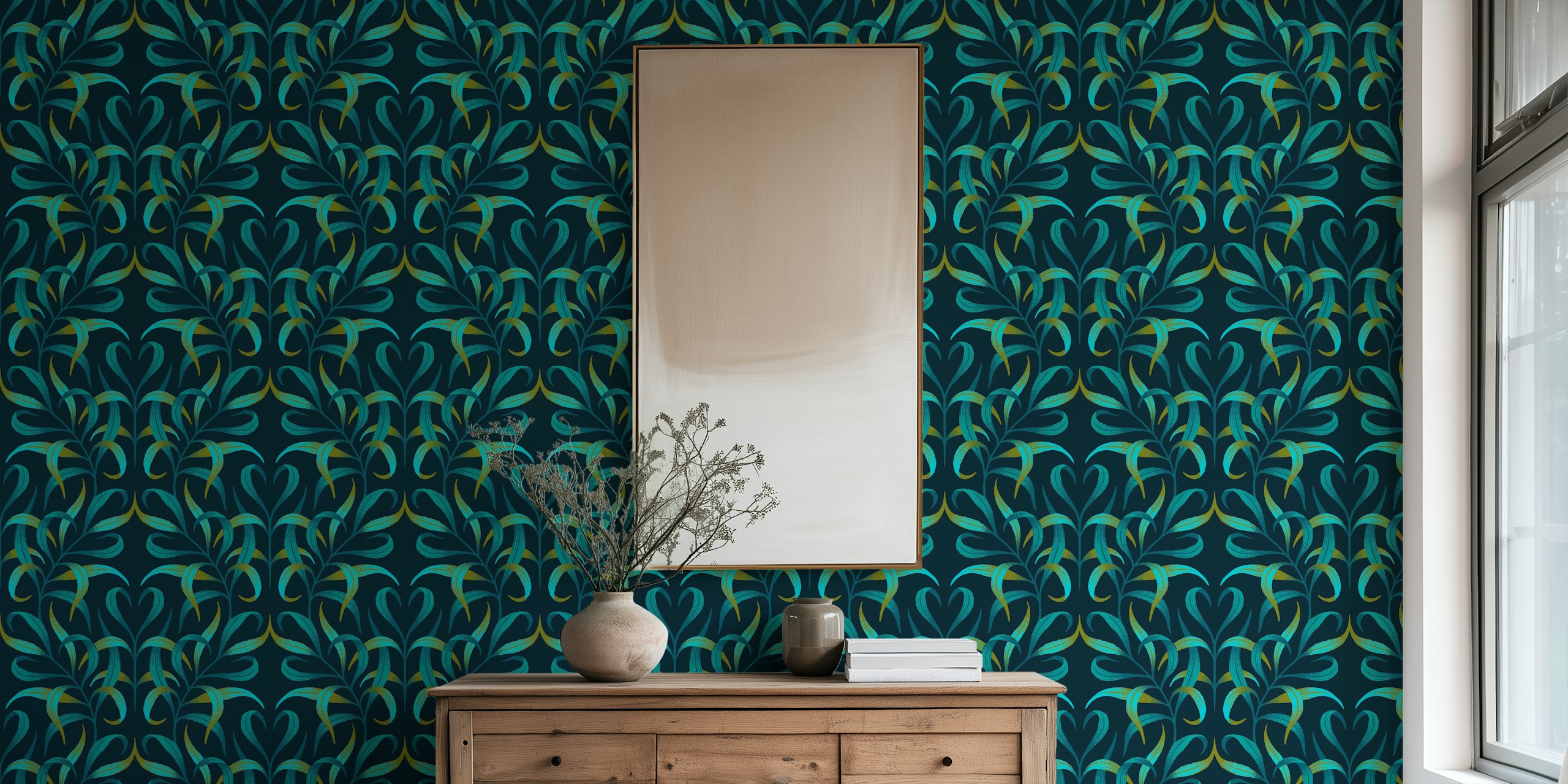 Tapeta Curled Leaves w emerald green i teal