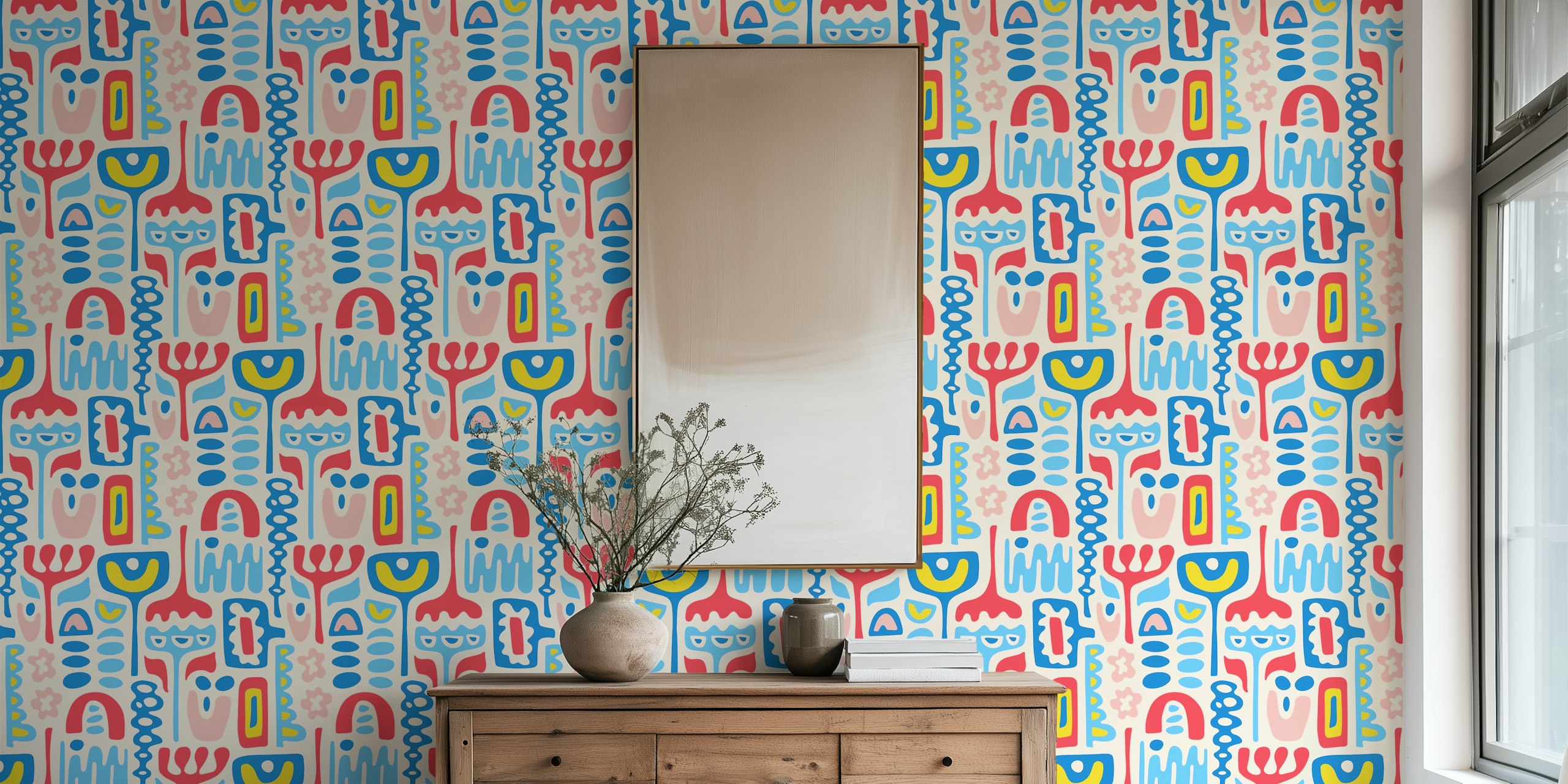 Colorful abstract shapes in red, blue, and pink wallpaper