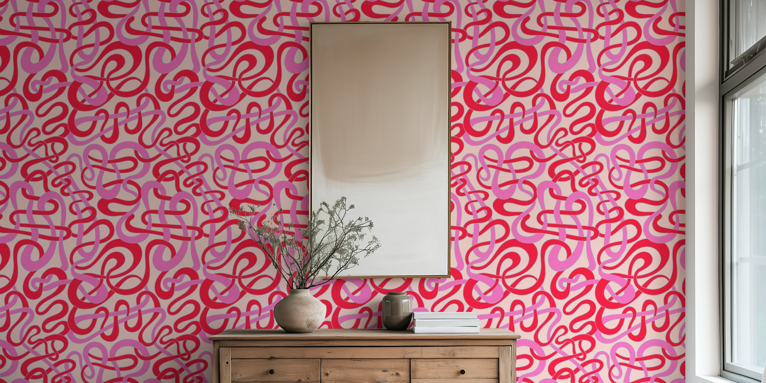 Abstract tangled squiggly stripes in pink and red wallpaper