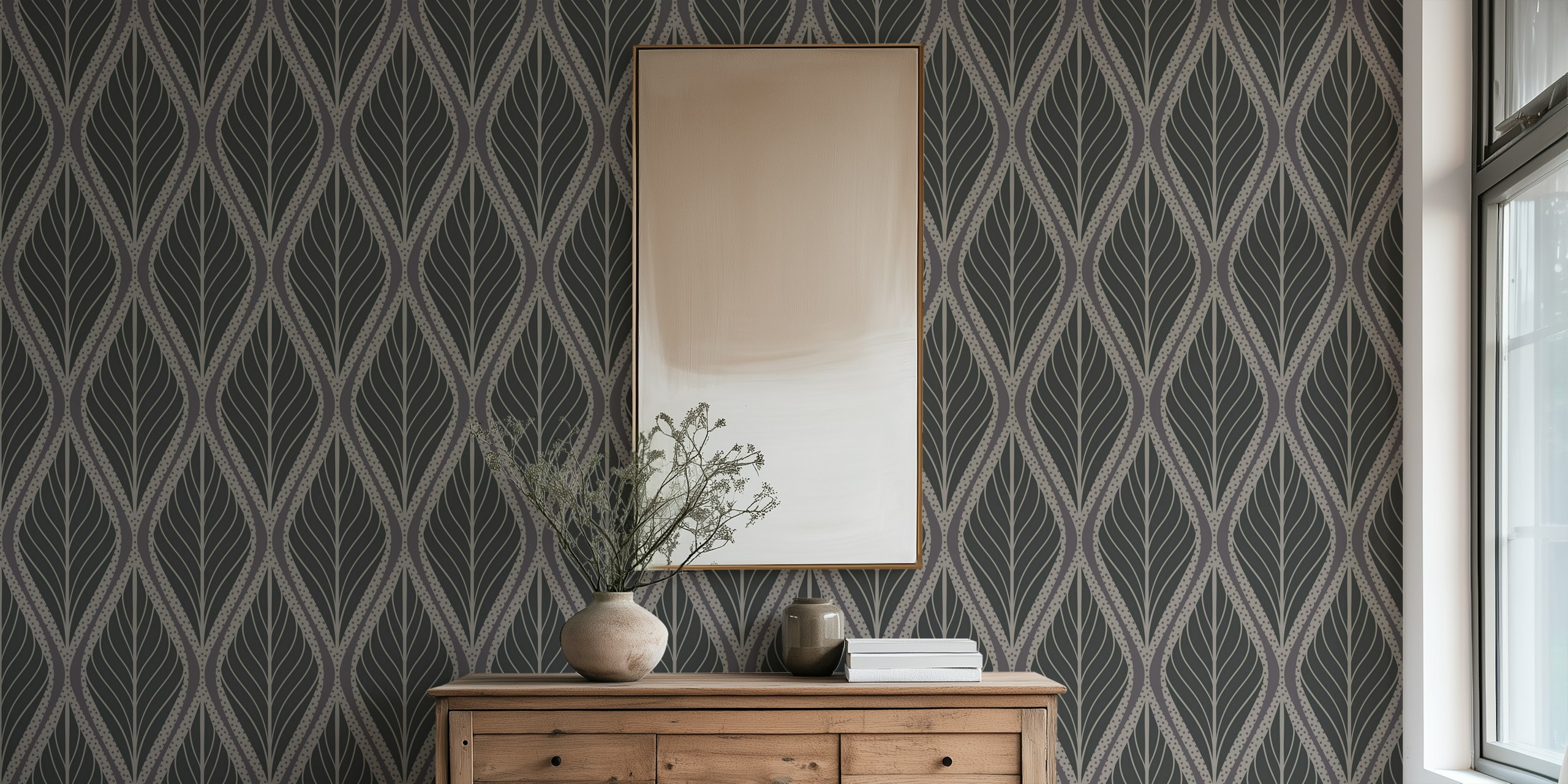 Stylized grey leaves on dark background Art Deco wallpaper