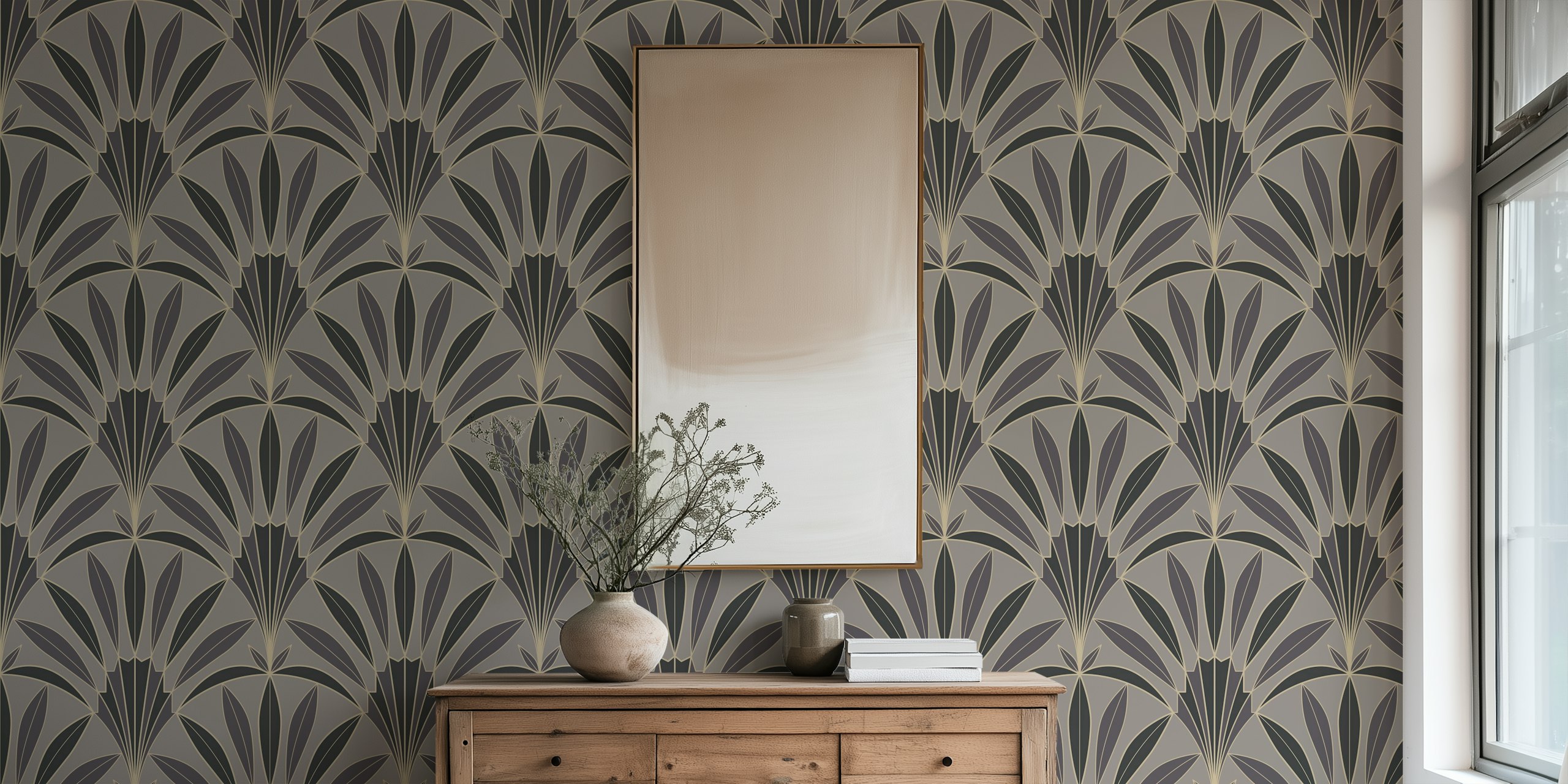 Art Deco palm leaves pattern in taupe and anthracite wallpaper