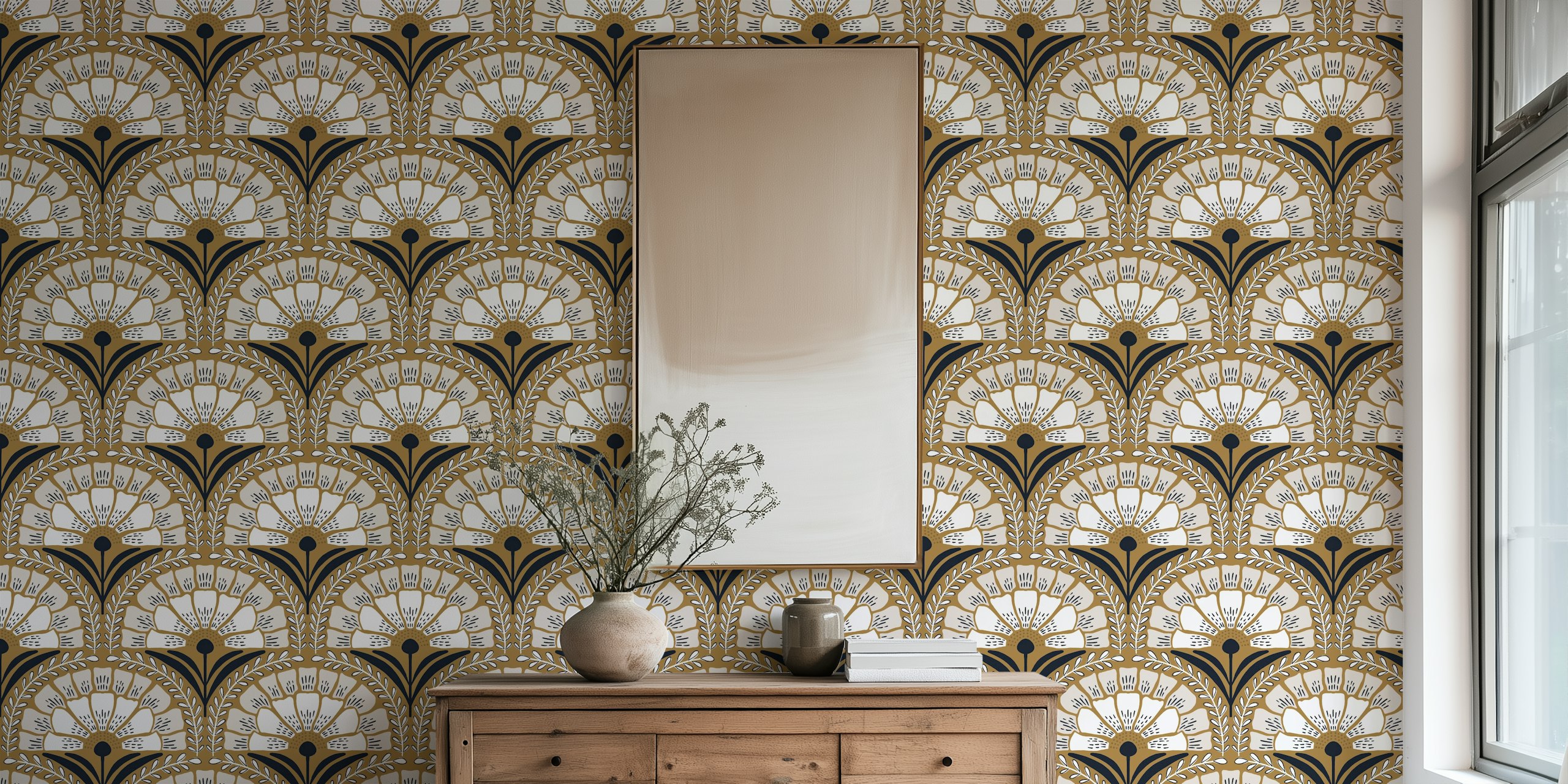 Papier peint floral en or et noir, moderne, motifs élégants
