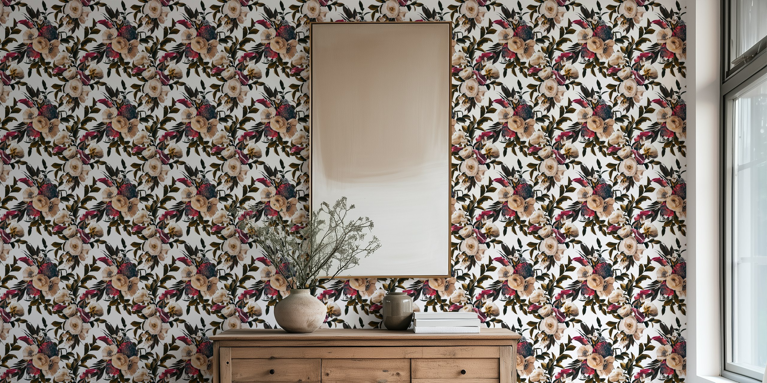 Floral pattern with cream and burgundy roses, greenery wallpaper