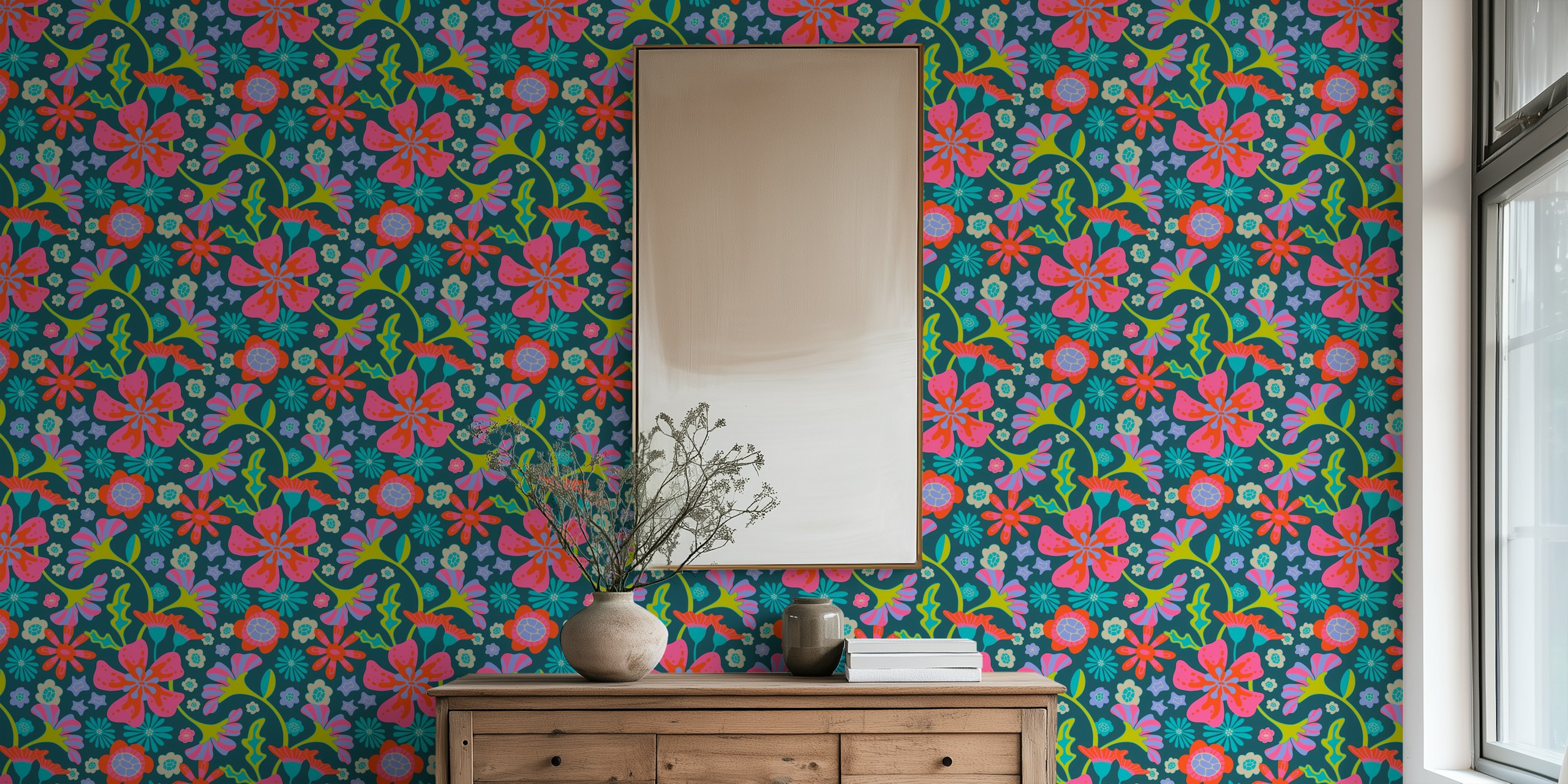 Design Murale Vibrante Pop Floral In Una Stanza