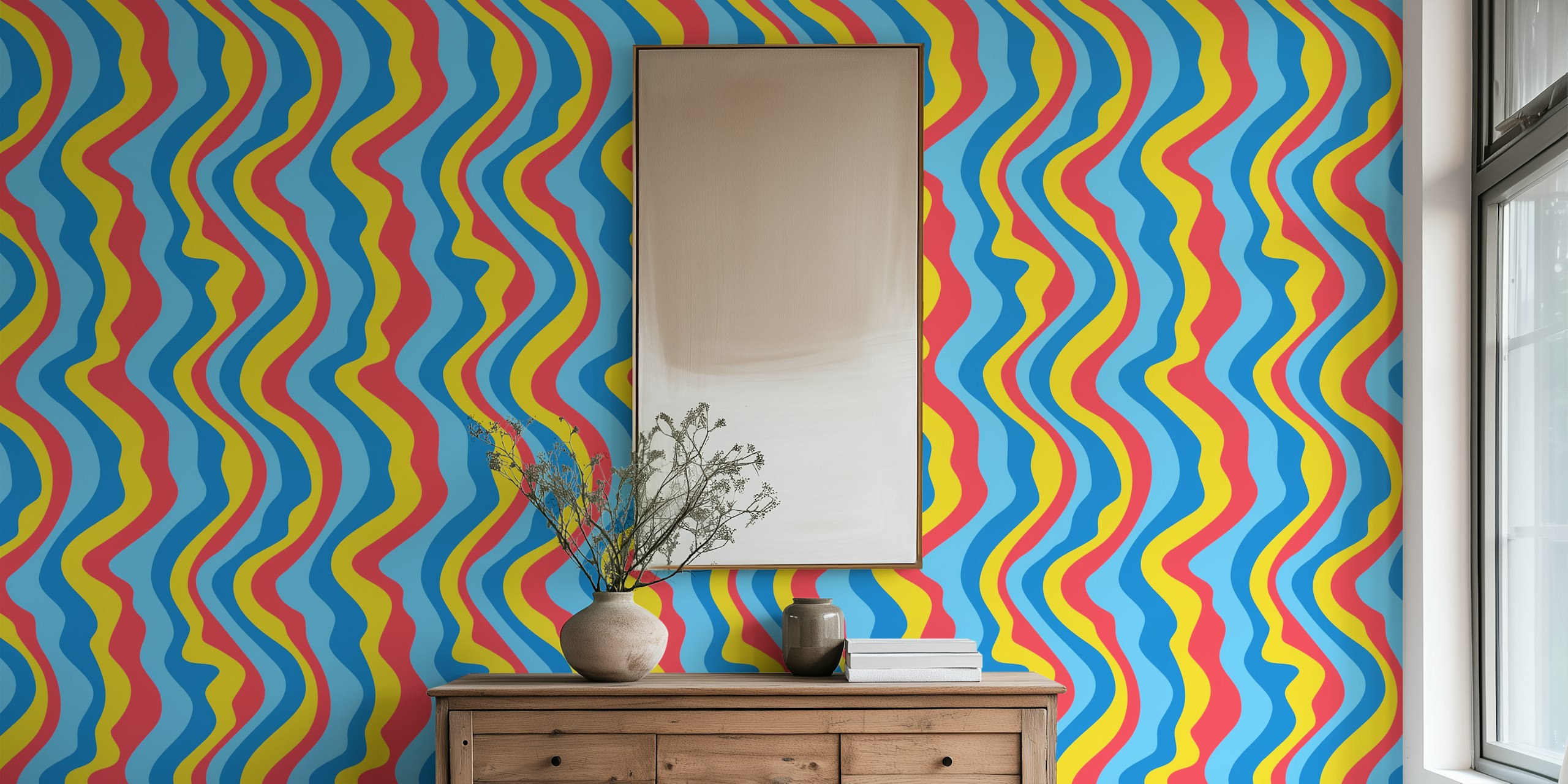 Colorido Diseño De Mural De Pared Good Vibraciones Mod Wavy Stripes Blue Yellow Con Líneas Onduladas De Inspiración Retro.