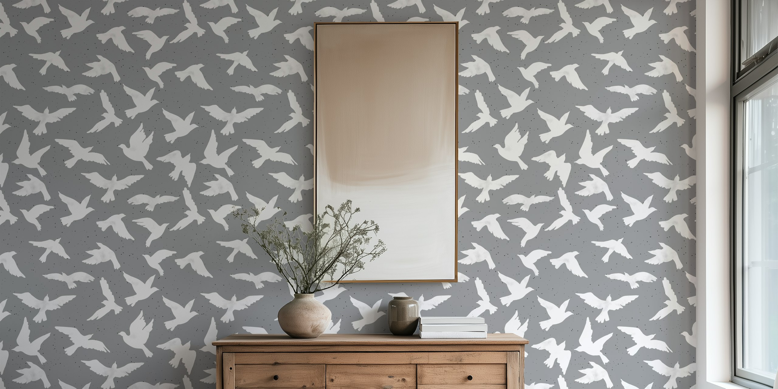 White bird silhouettes on gray background wallpaper