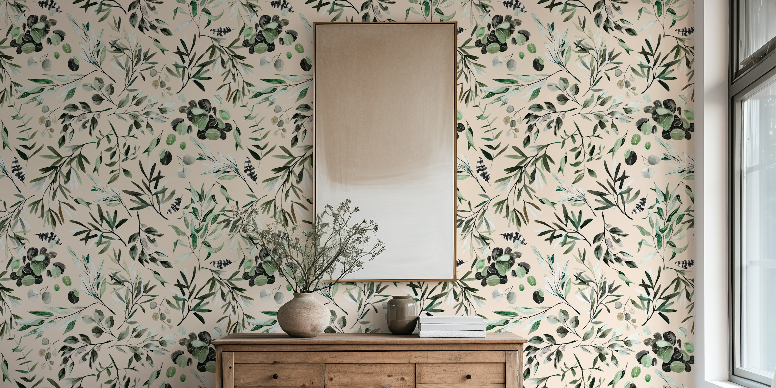 Wandpapier met botanisch groen en bessenmotief voor een natuurlijke interieur vibe